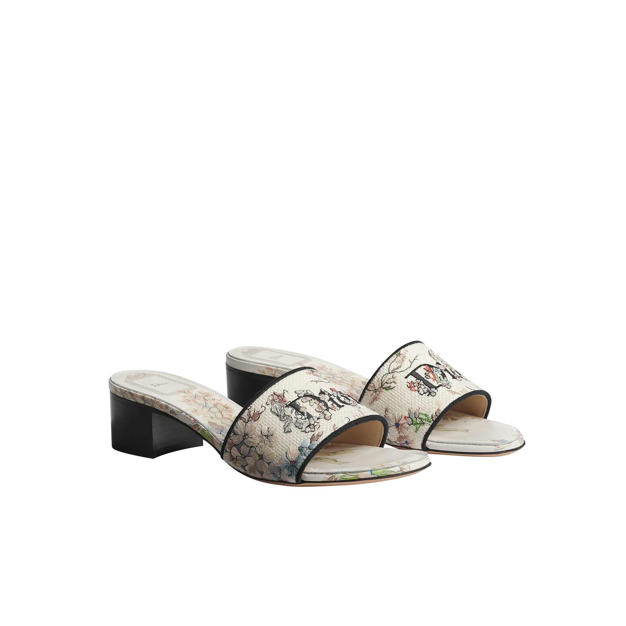 Dway Heeled Slide White and Rose des Vents Embroidered Cotton and Dior Lilac Bouquet Motif E03