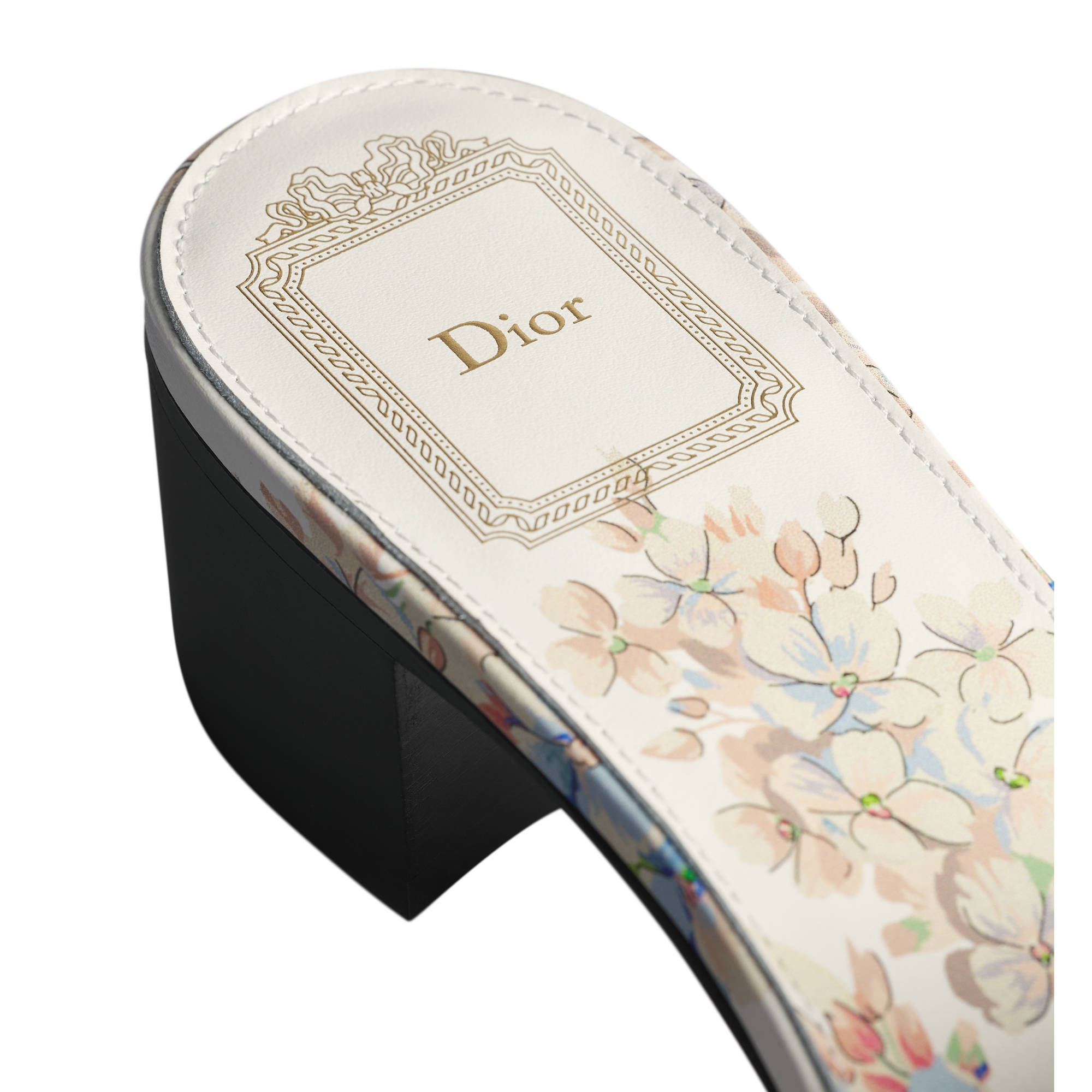 Dway Heeled Slide White and Rose des Vents Embroidered Cotton and Dior Lilac Bouquet Motif E09