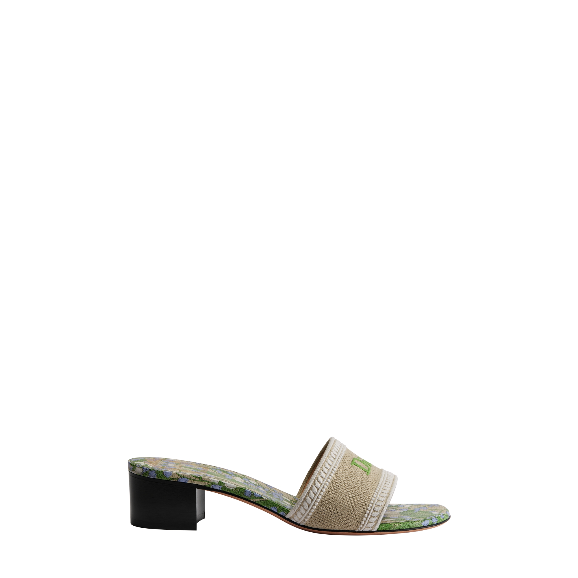 Dway Heeled Slide Natural Embroidered Cotton and Multicolor Lily of the Valley Motif E02