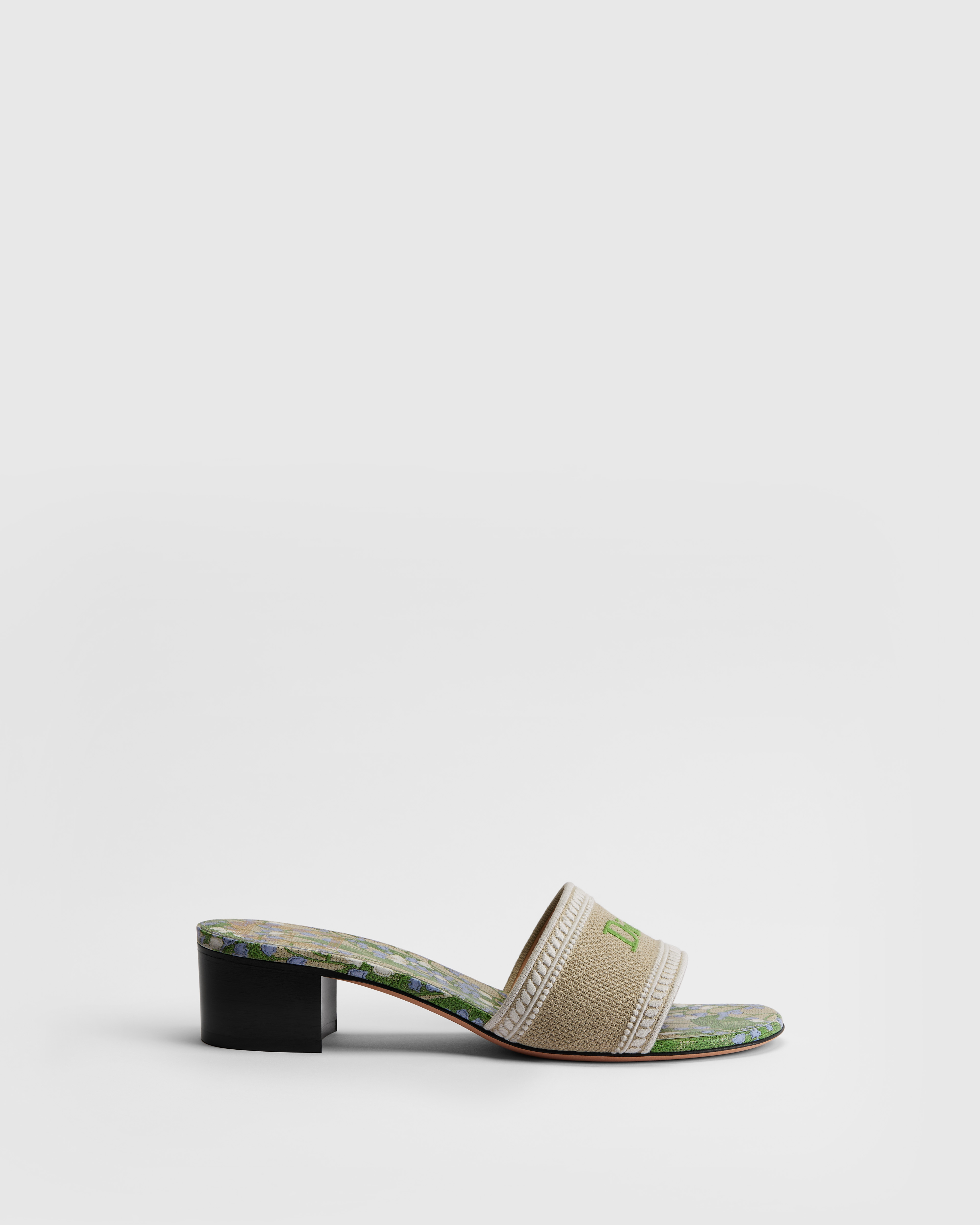 Dway Heeled Slide Natural Embroidered Cotton and Multicolor Lily of the Valley Motif E02