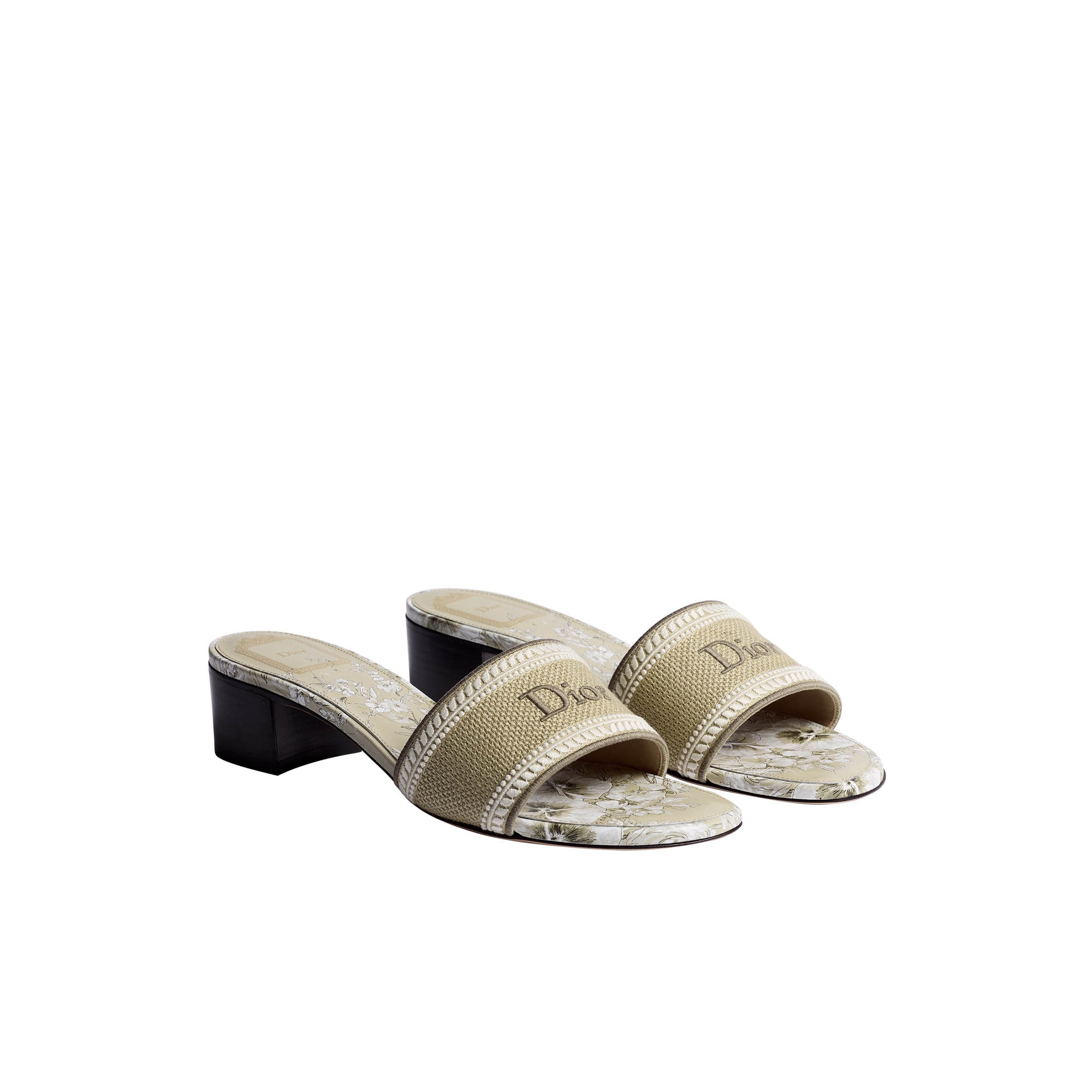 Dioriviera Dway Heeled Slide Beige and White Embroidered Cotton and Toile de Jouy Floral Garden Motif E03
