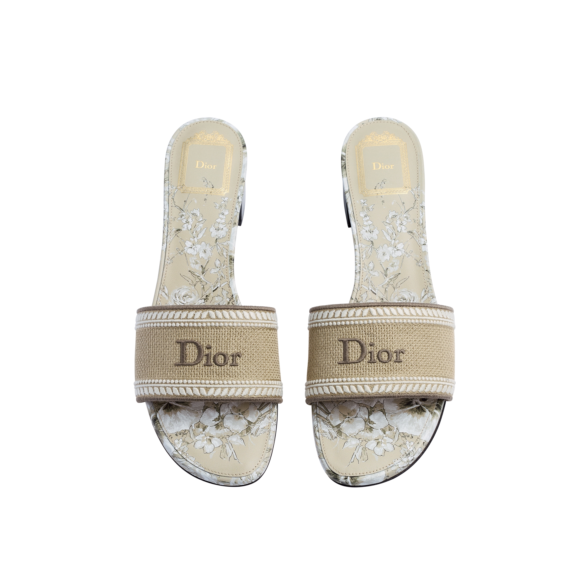 Dioriviera Dway Heeled Slide Beige and White Embroidered Cotton and Toile de Jouy Floral Garden Motif E06