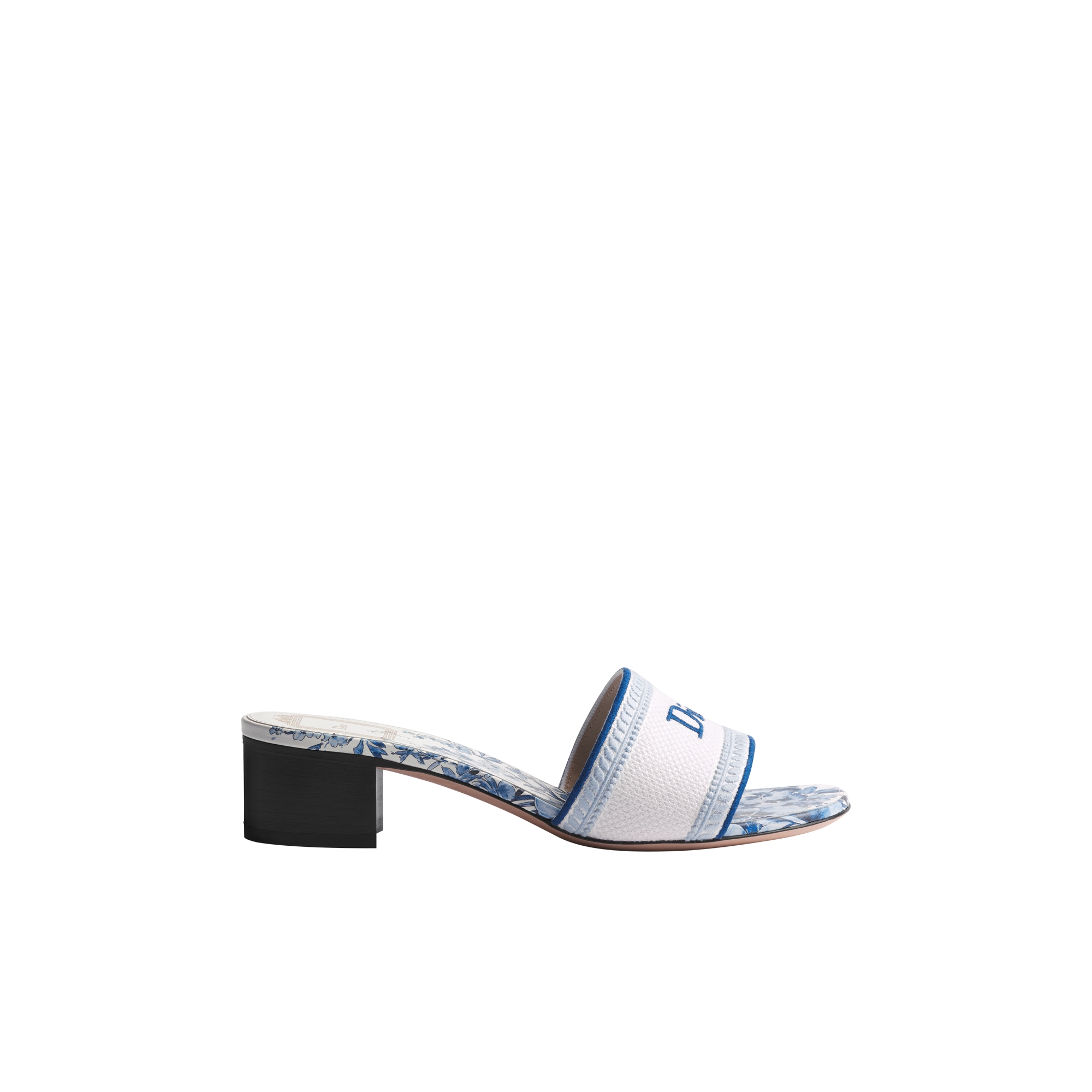 Dioriviera Dway Heeled Slide White and Blue Embroidered Cotton and