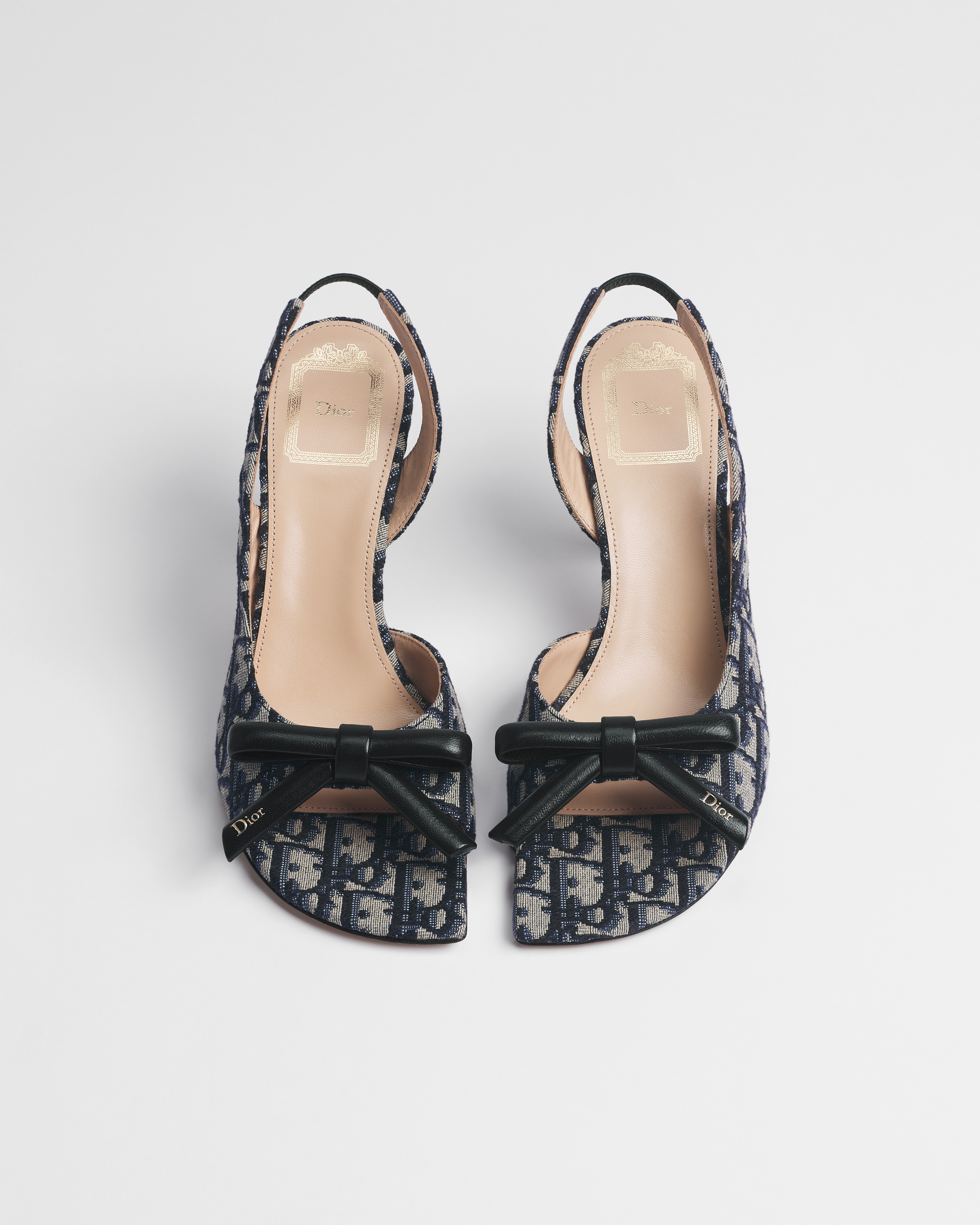 Dior Bow Heeled Slingback Sandal Deep Blue Dior Oblique Embroidered Cotton E06