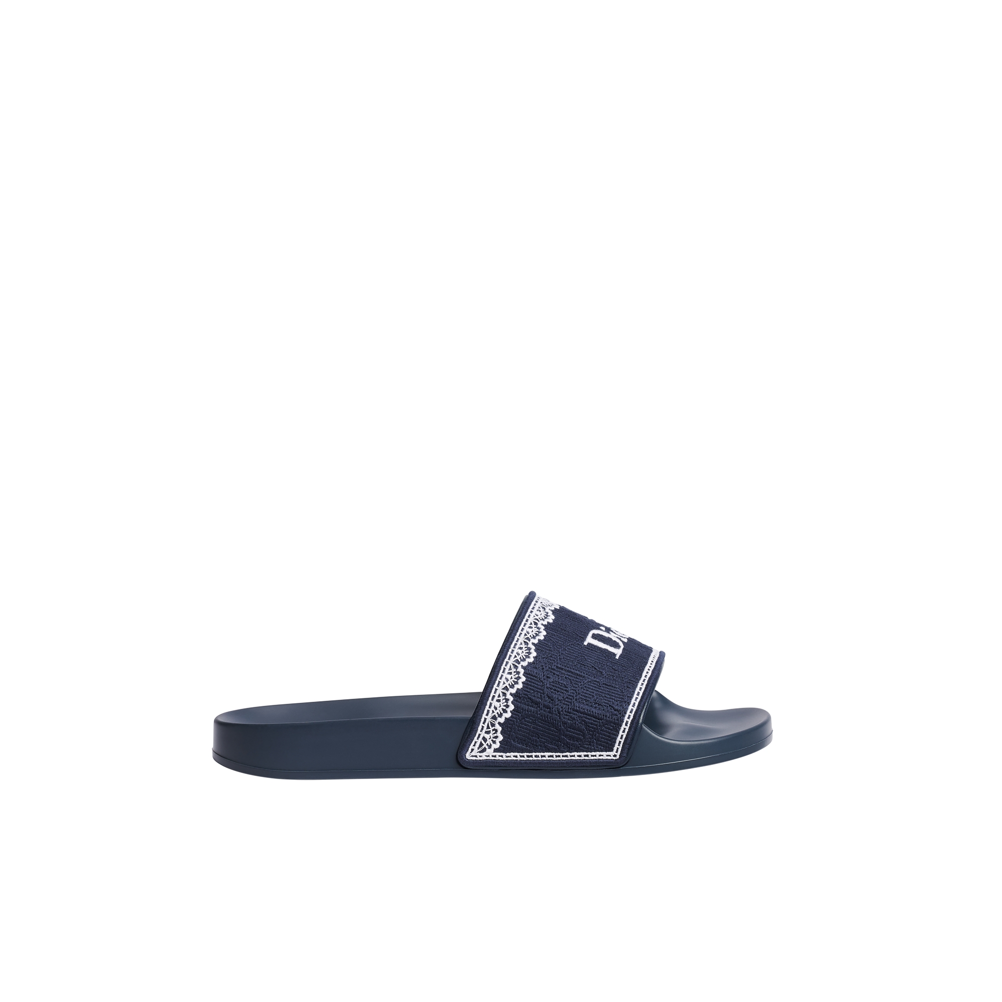 Dior Dentelle Slide Navy Blue Dior Oblique Embroidered Cotton and White Lace E02