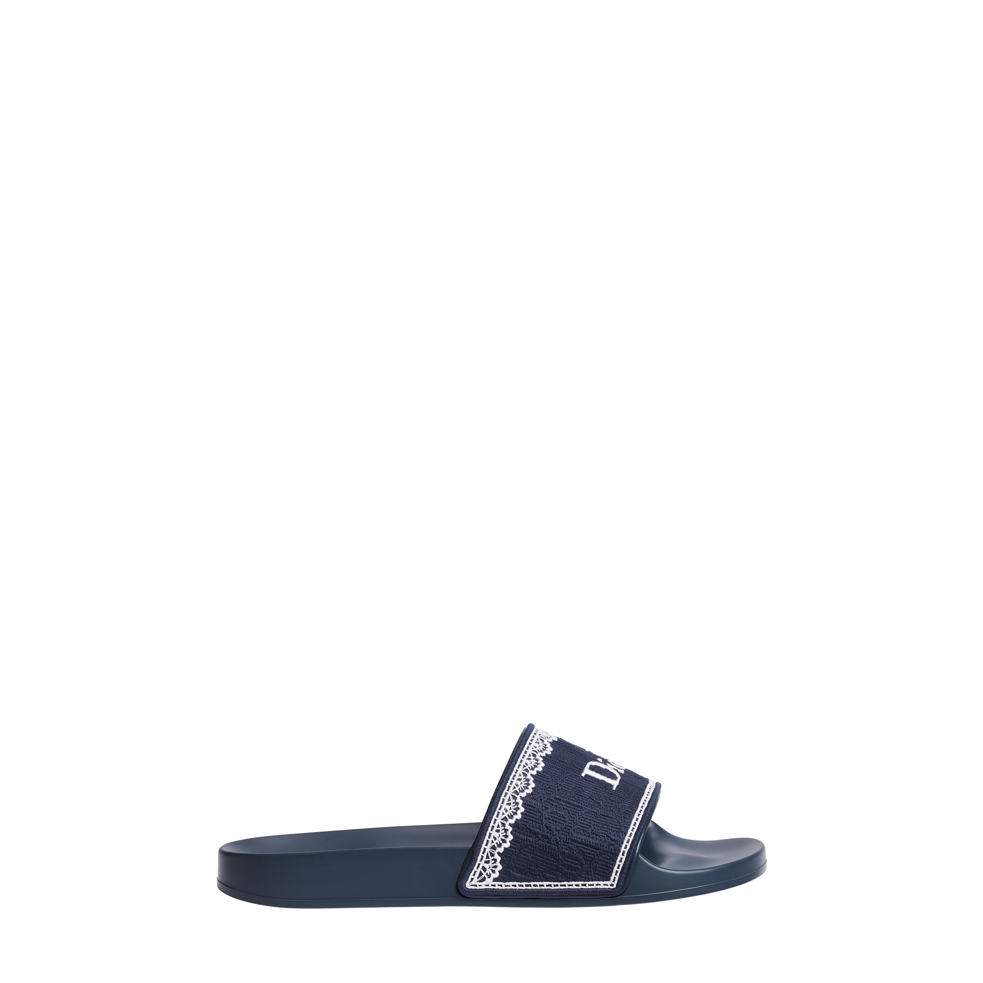 Dior Dentelle Slide Navy Blue Dior Oblique Embroidered Cotton and White Lace E02