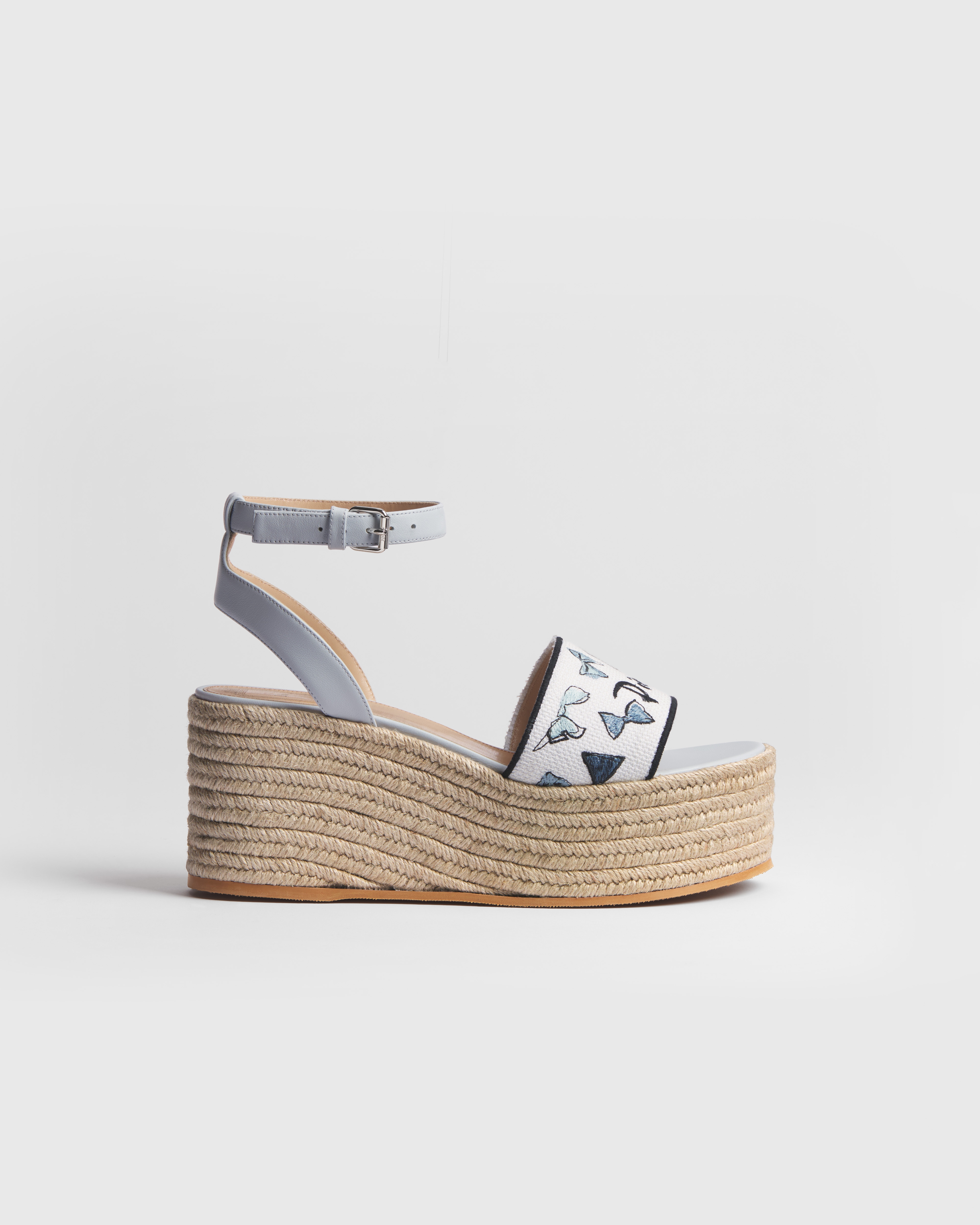 Slide anabela Dioriviera Dway Algodão bordado Dior Bows azul e branco E02