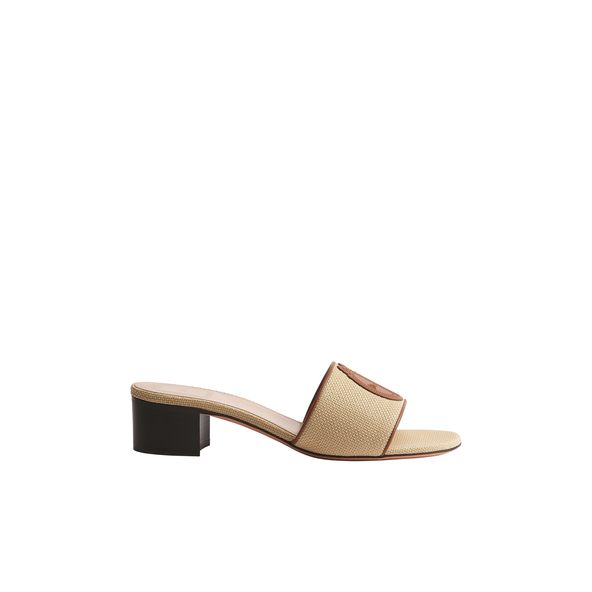 Dioriviera Dior Médaillon Heeled Slide Natural Embroidered Cotton and Cognac Brown Calfskin E02