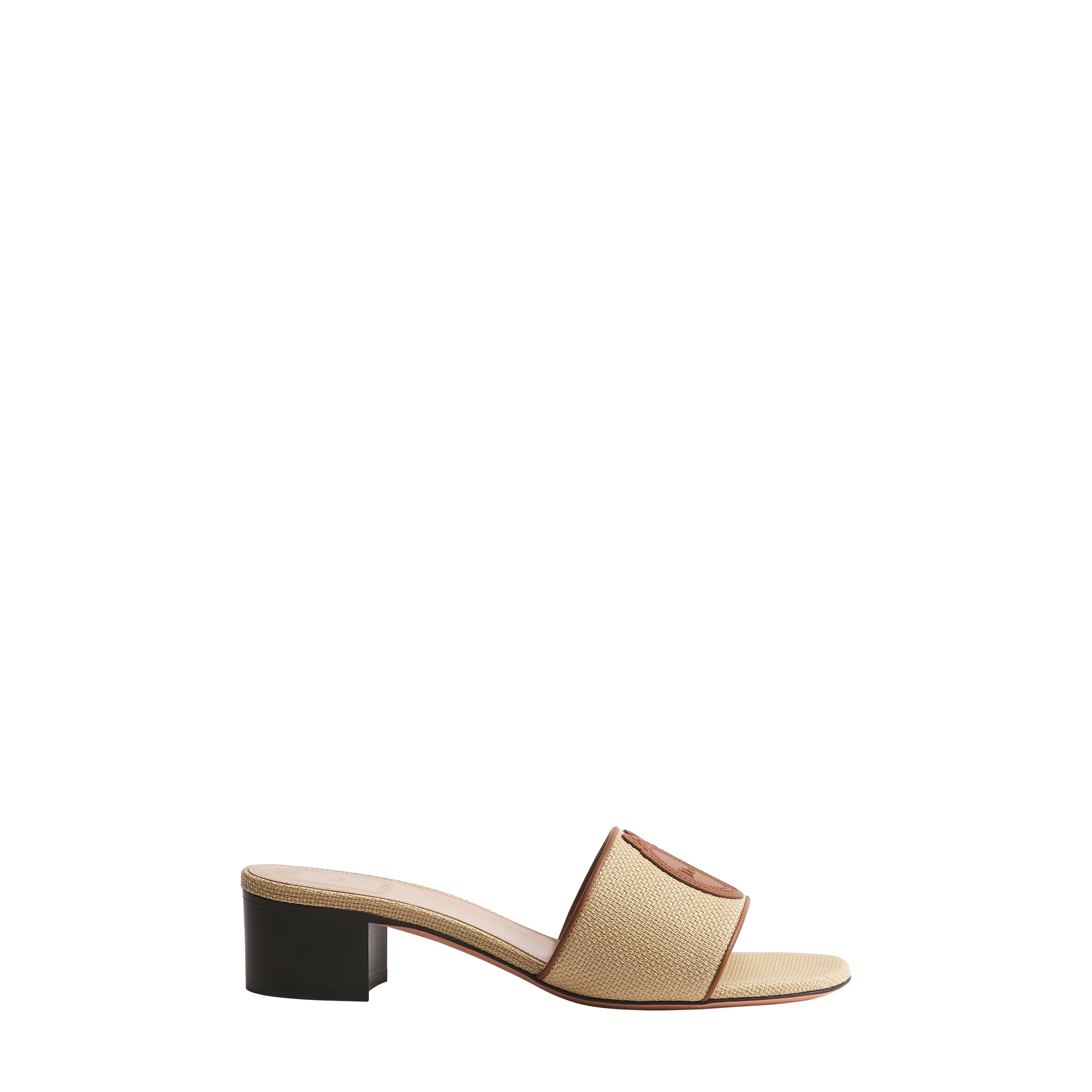 Dioriviera Dior Médaillon Heeled Slide Natural Embroidered Cotton and Cognac Brown Calfskin E02