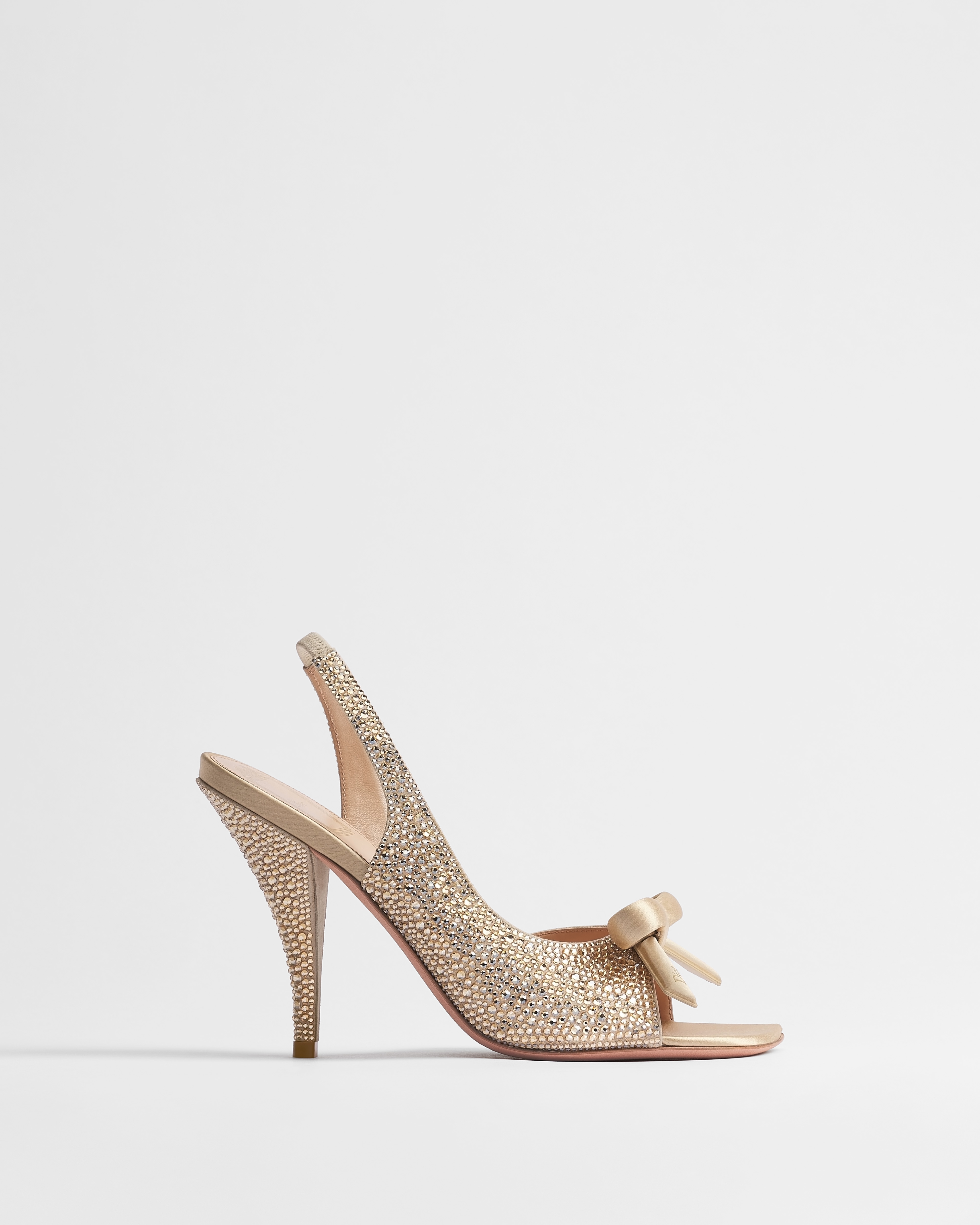 Dior Bow Heeled Slingback Sandal Gold-Tone Suede Goatskin and Strass E02