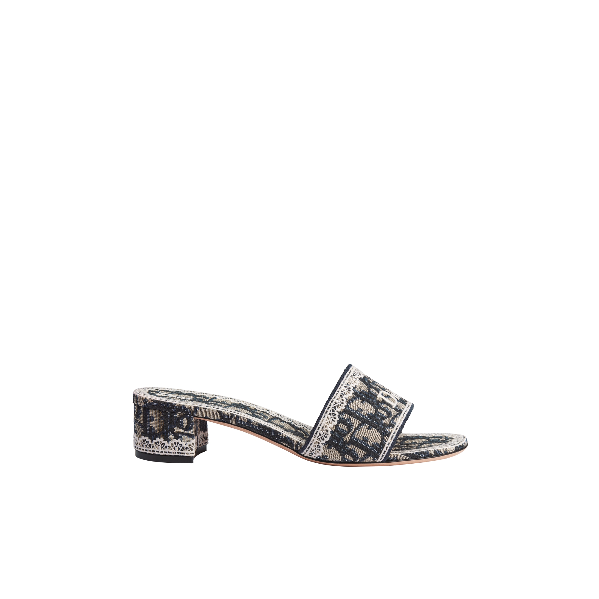 Dior Dentelle Heeled Slide Blue Dior Oblique Embroidered Cotton and White Lace E02