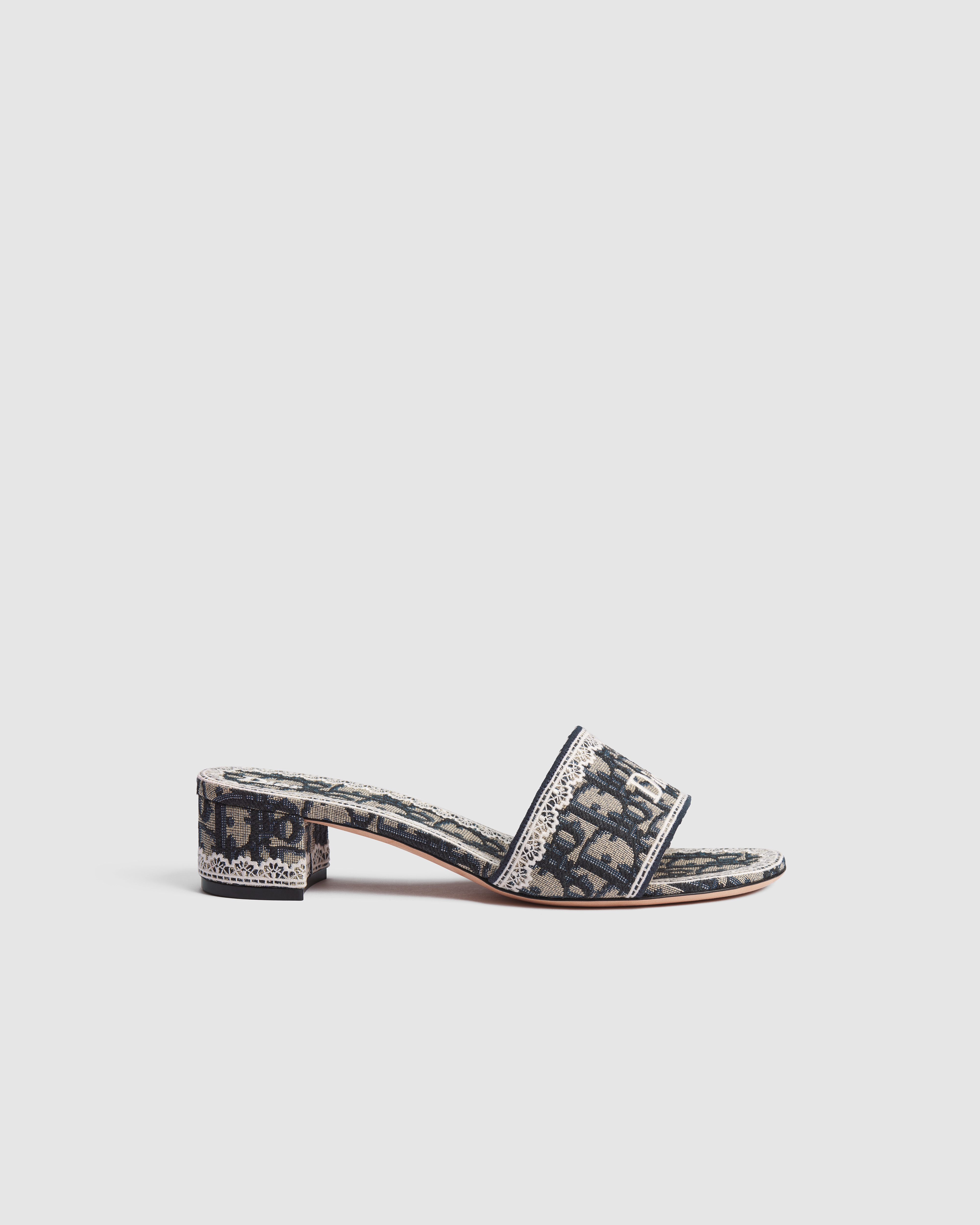 Dior Dentelle Heeled Slide Blue Dior Oblique Embroidered Cotton and White Lace E02