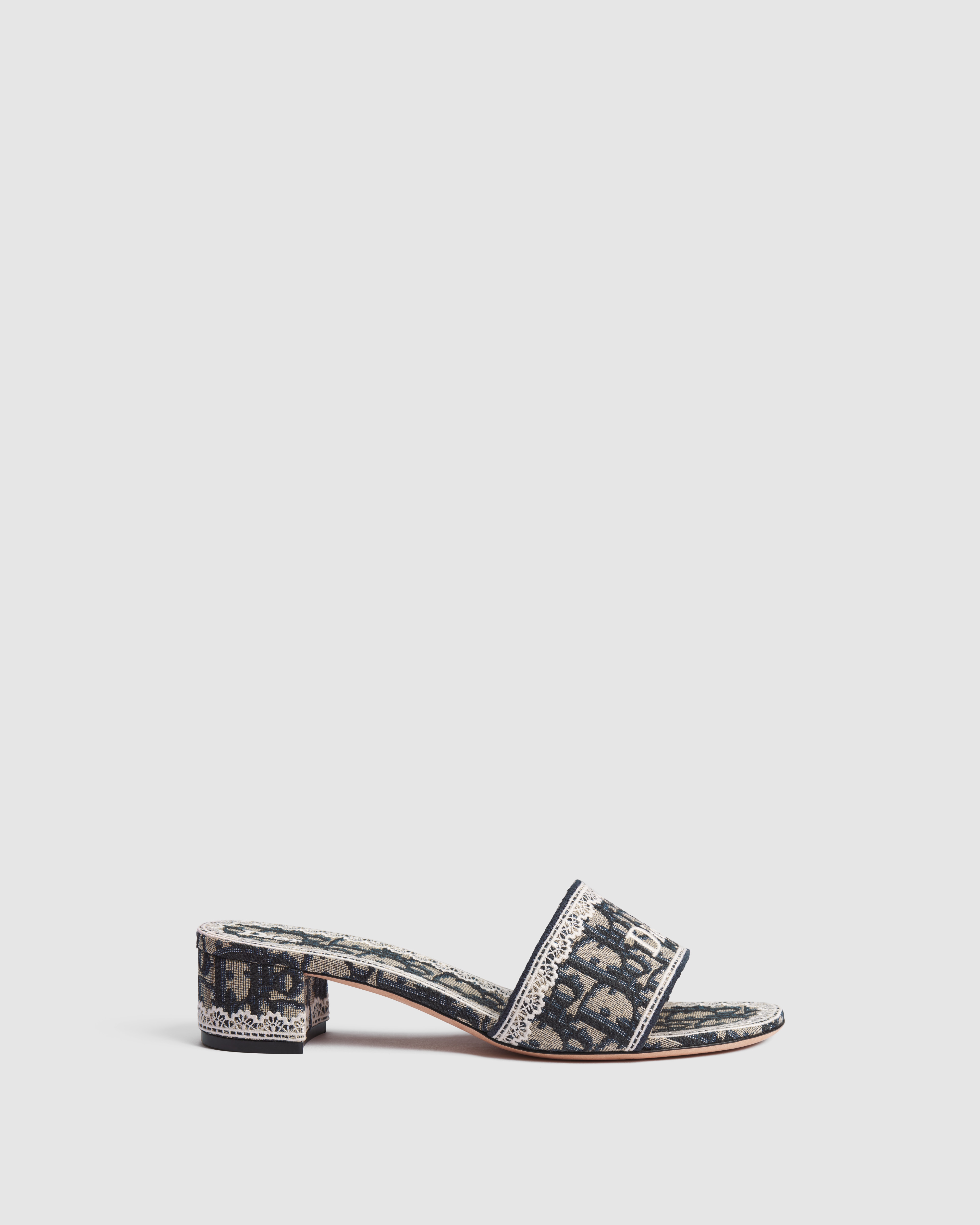 Dior Dentelle Heeled Slide Blue Dior Oblique Embroidered Cotton and White Lace E02
