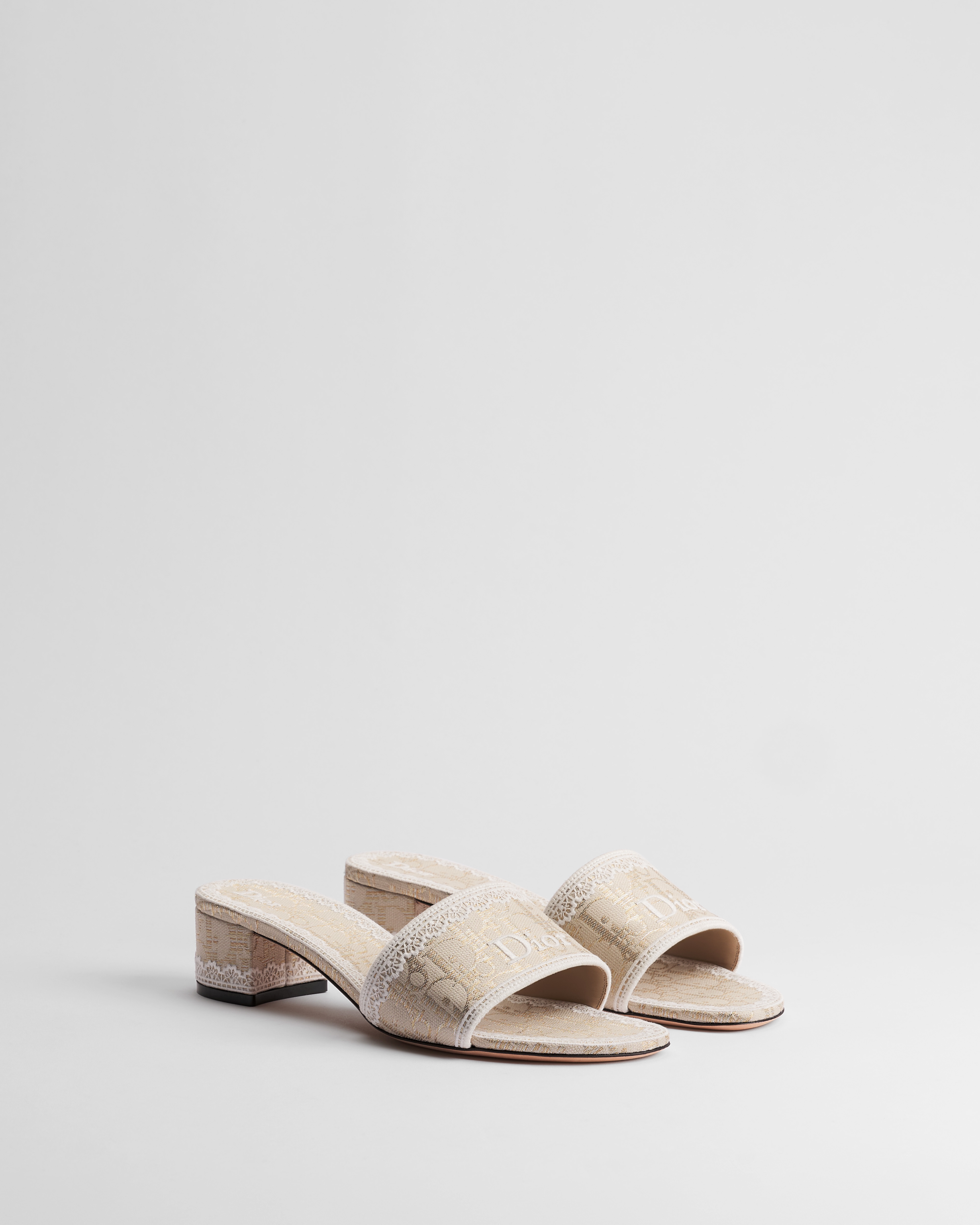 Dior Dentelle Heeled Slide Dior Oblique Embroidered Cotton with Gold-Tone Metallic Thread and White Lace E03