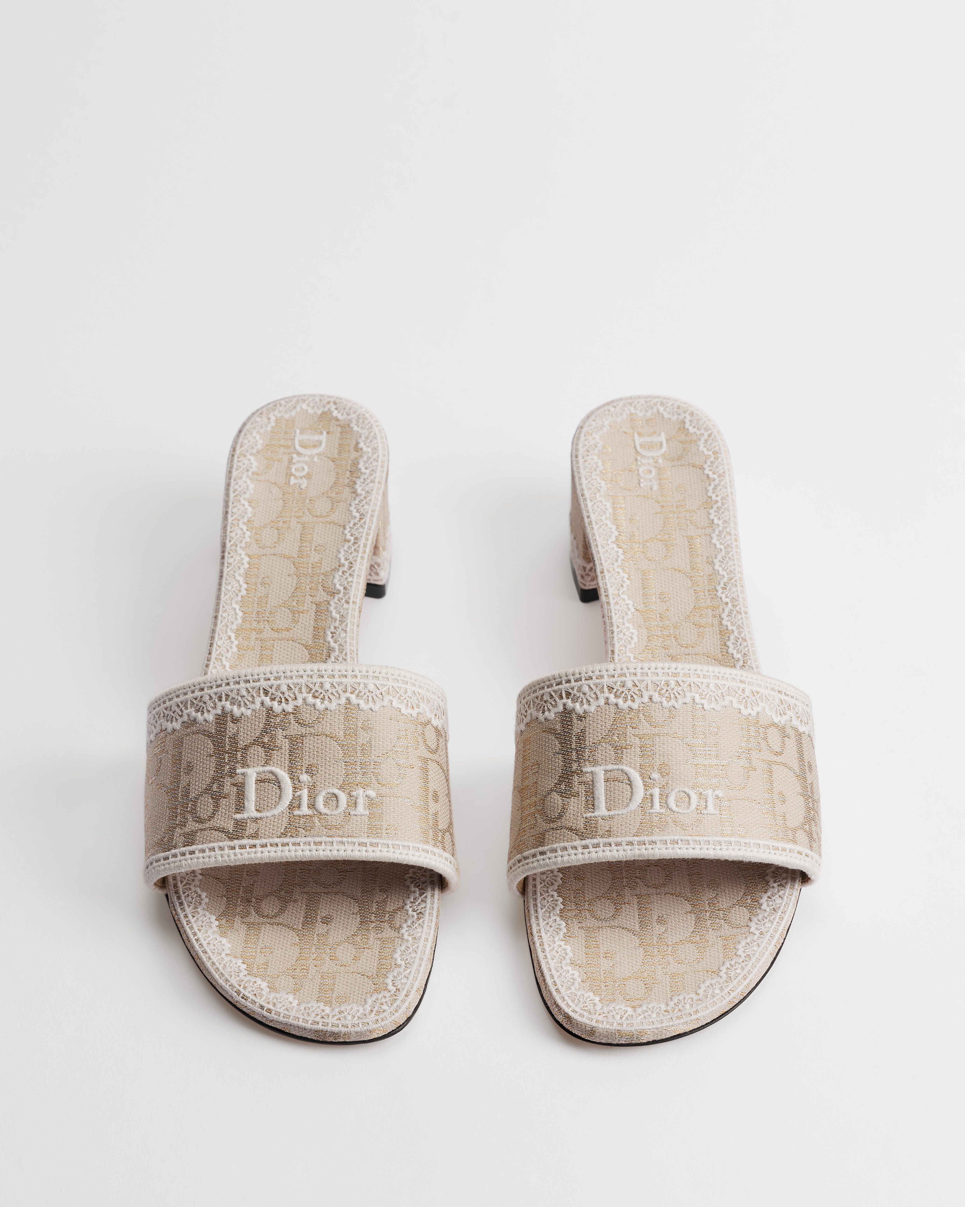 Dior Dentelle Heeled Slide Dior Oblique Embroidered Cotton with Gold-Tone Metallic Thread and White Lace E06