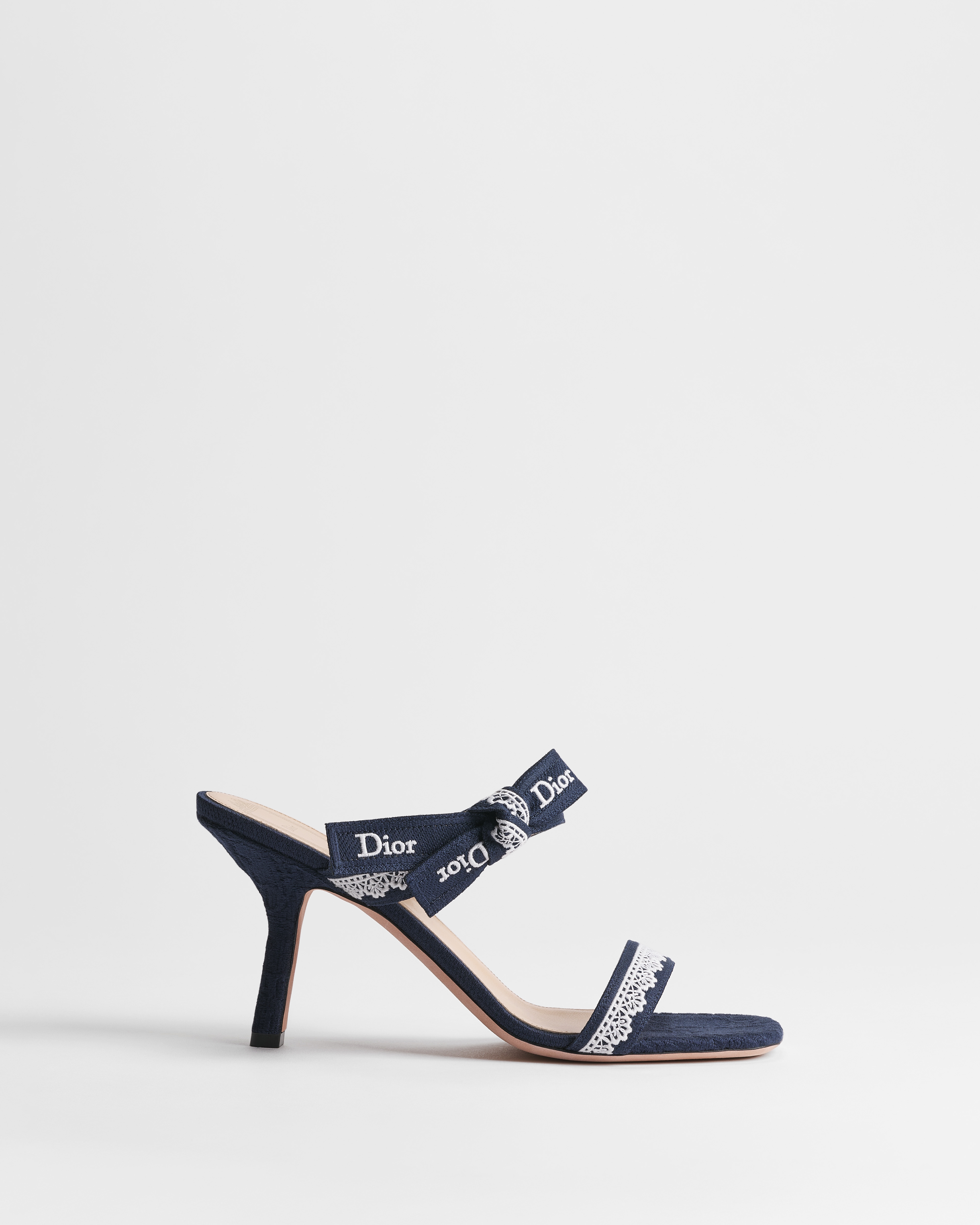 J'Adior Heeled Sandal with Straps Blue Dior Oblique Embroidered Cotton and White Lace E02