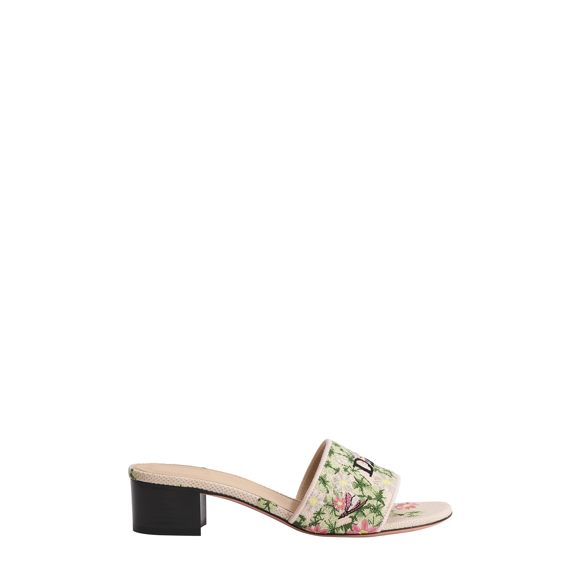 Dway Heeled Slide Pink and Green Dior Water Lily Embroidered Cotton E02