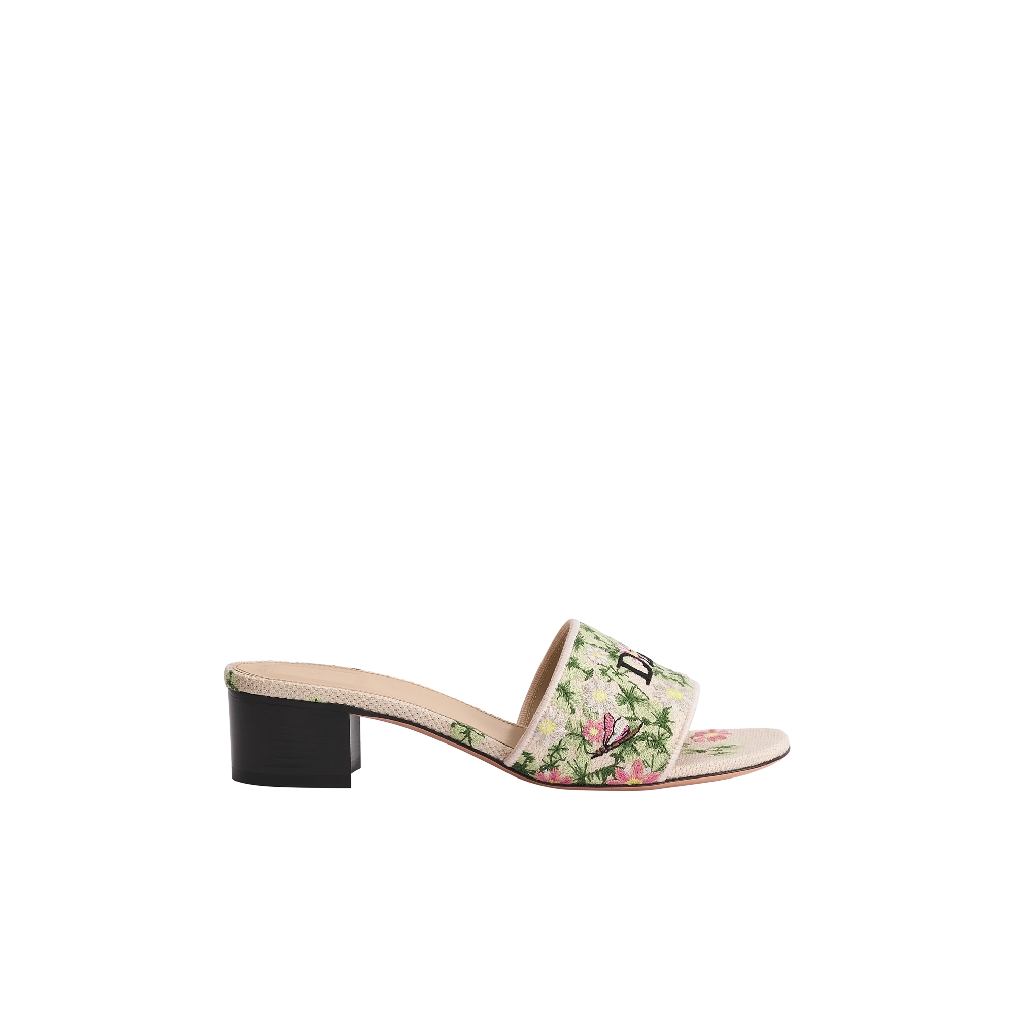 Dway Heeled Slide Pink and Green Dior Water Lily Embroidered Cotton E02