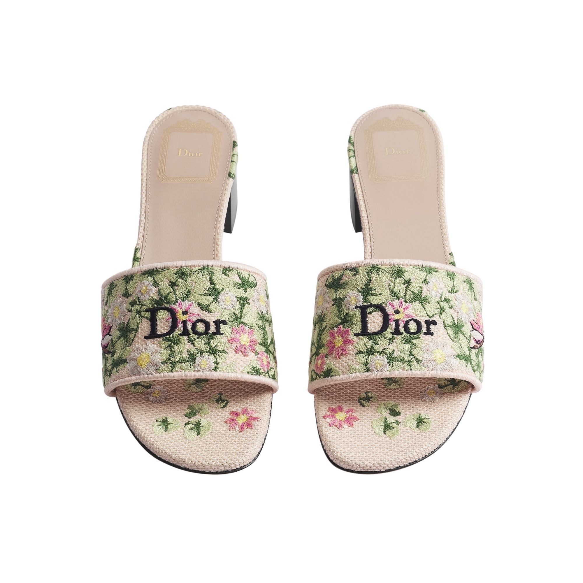 Dway Heeled Slide Pink and Green Dior Water Lily Embroidered Cotton E06