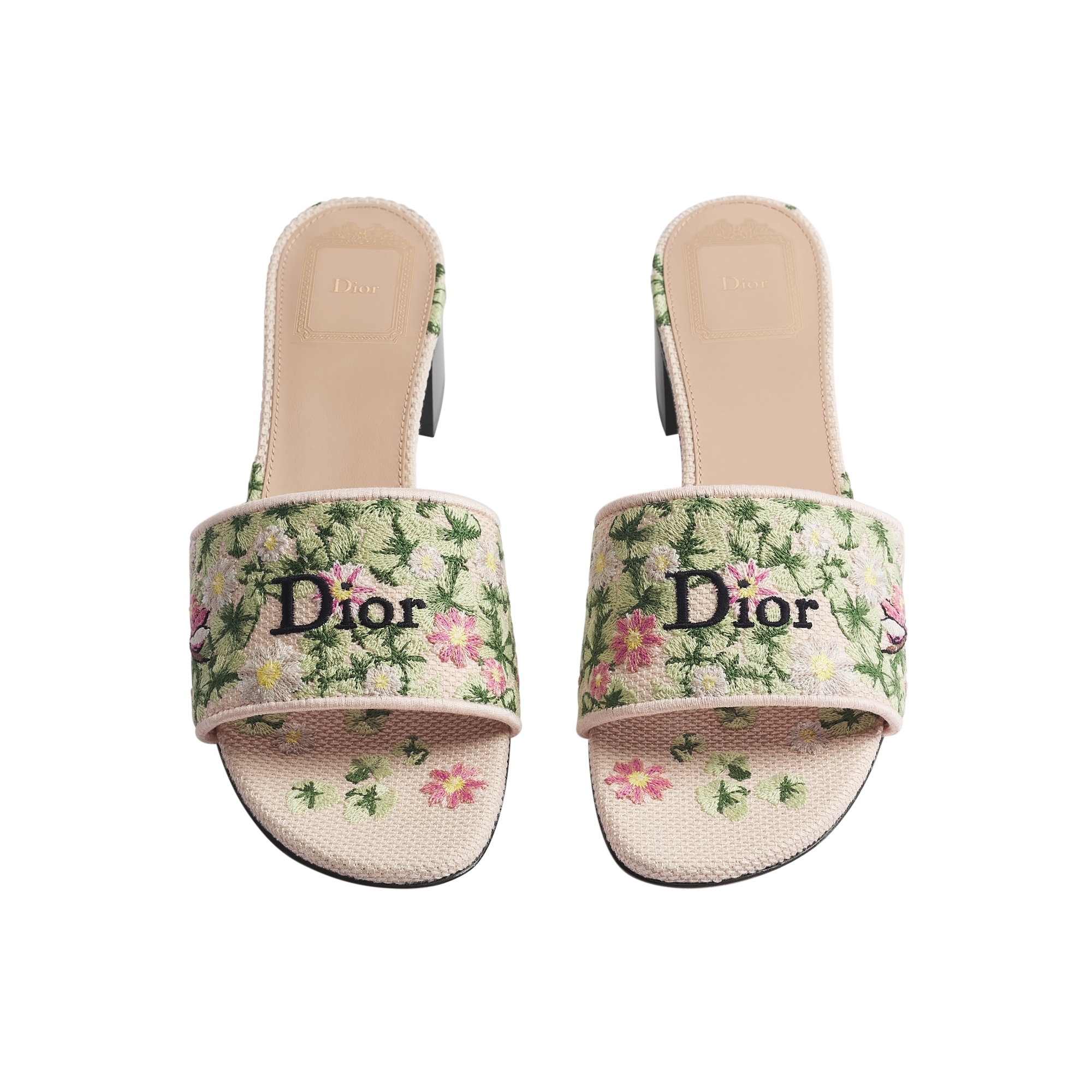 Dway Heeled Slide Pink and Green Dior Water Lily Embroidered Cotton E06