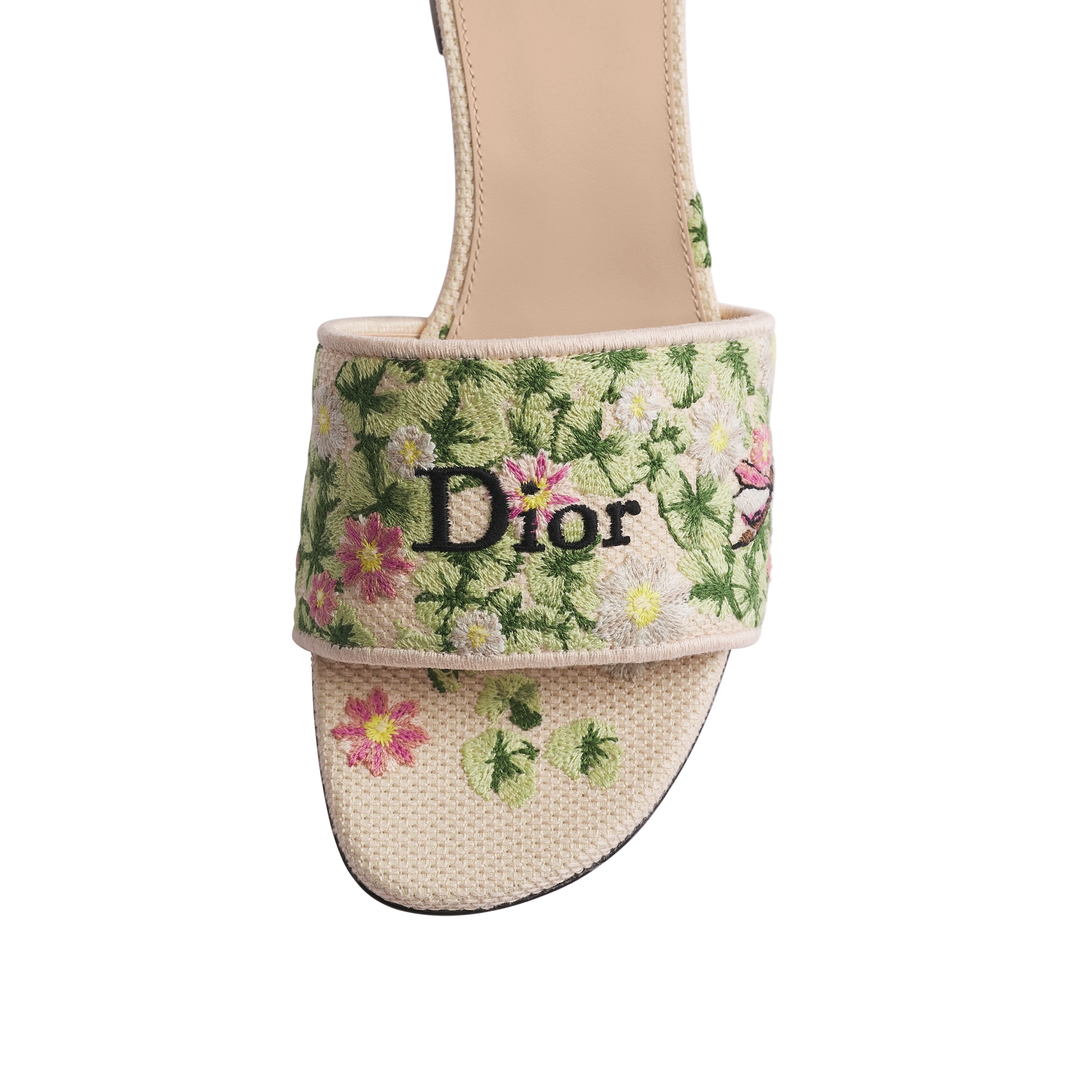 Dway Heeled Slide Pink and Green Dior Water Lily Embroidered Cotton E09