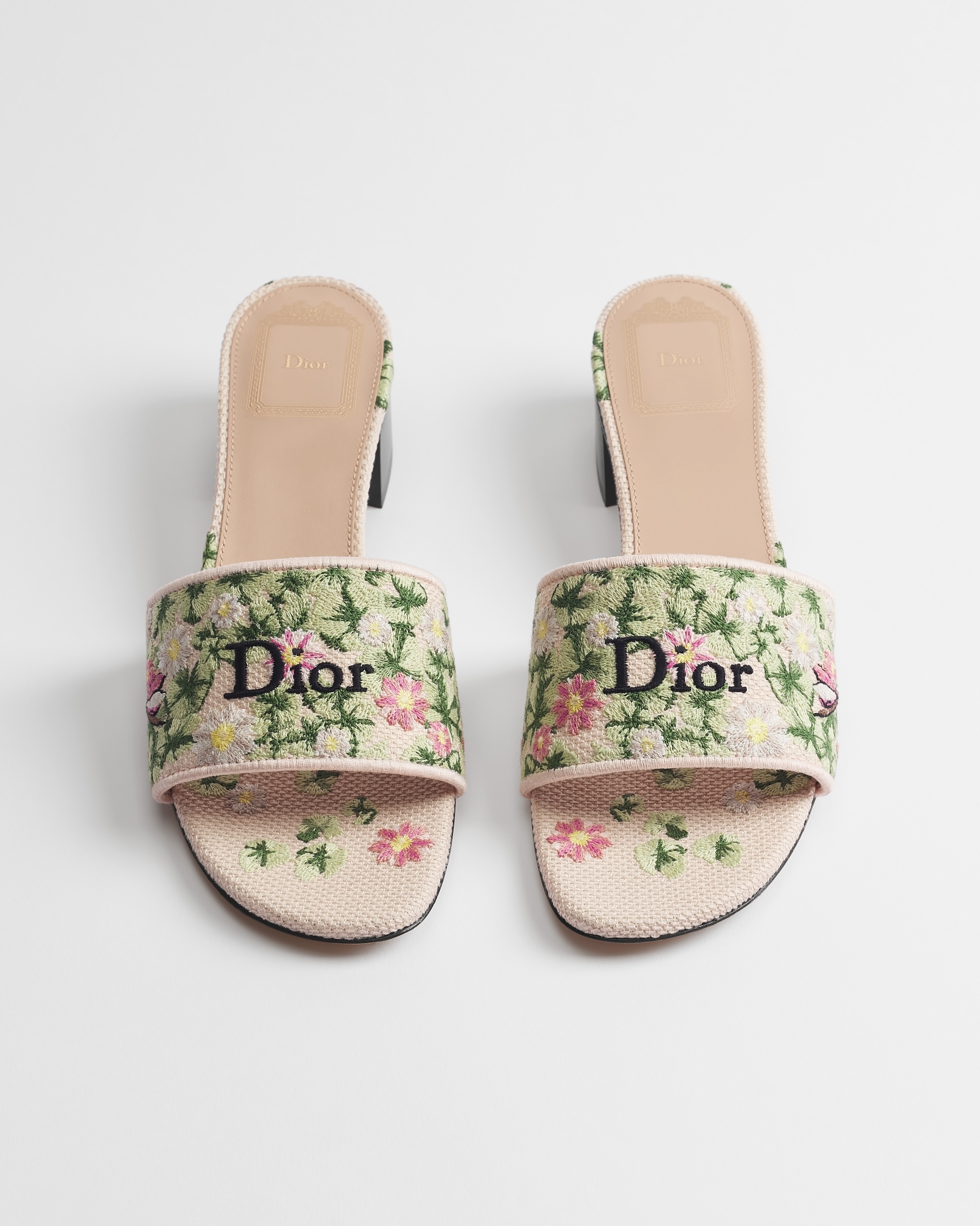 Dway Heeled Slide Pink and Green Dior Water Lily Embroidered Cotton E06