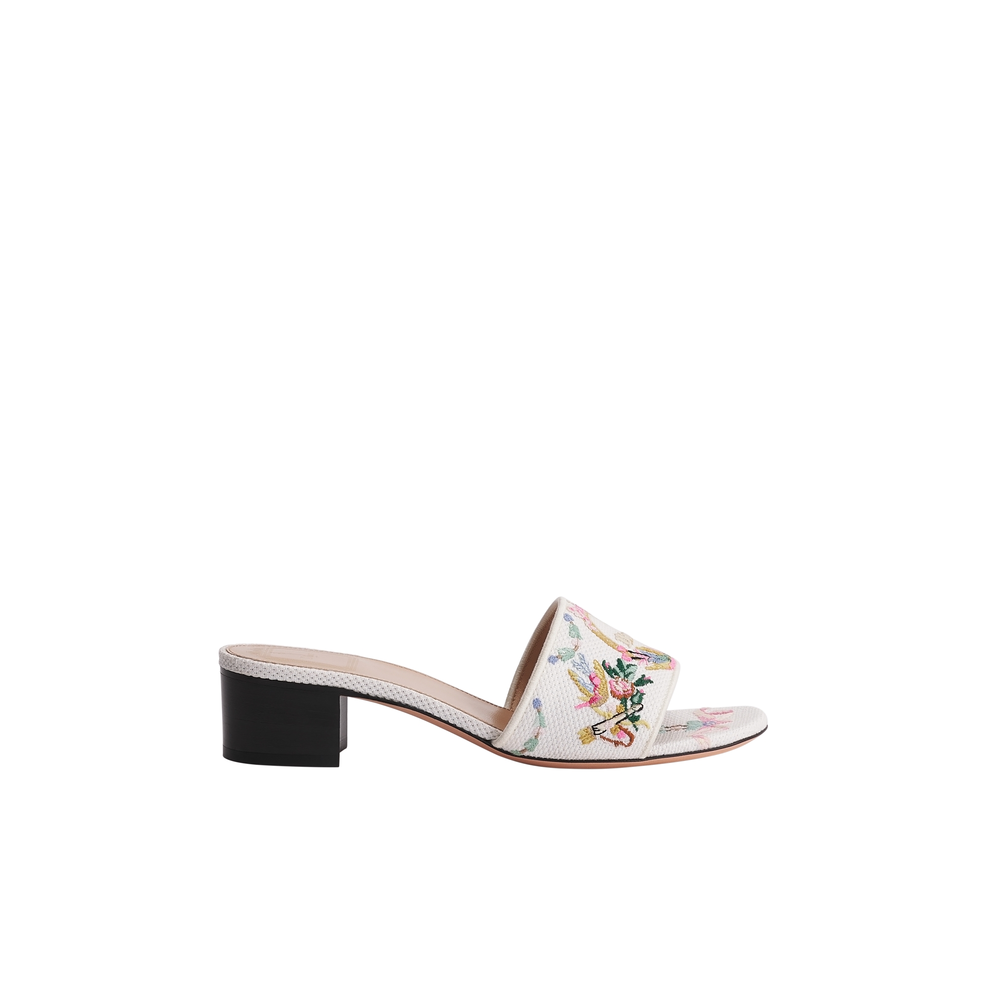 Dior Qixi Dior Médaillon Heeled Slide White Cotton Embroidered with Multicolor Dior Colibri Motif E02