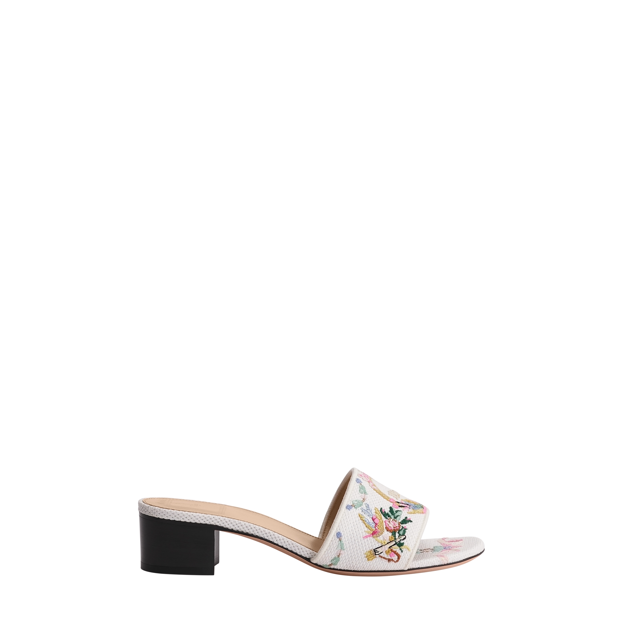 Dior Qixi Dior Médaillon Heeled Slide White Cotton Embroidered with Multicolor Dior Colibri Motif E02