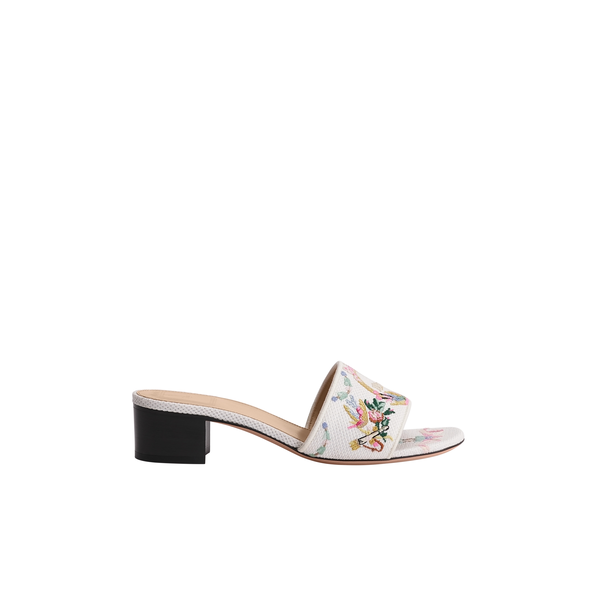 Dior Qixi Dior Médaillon Heeled Slide White Cotton Embroidered with Multicolor Dior Colibri Motif E02