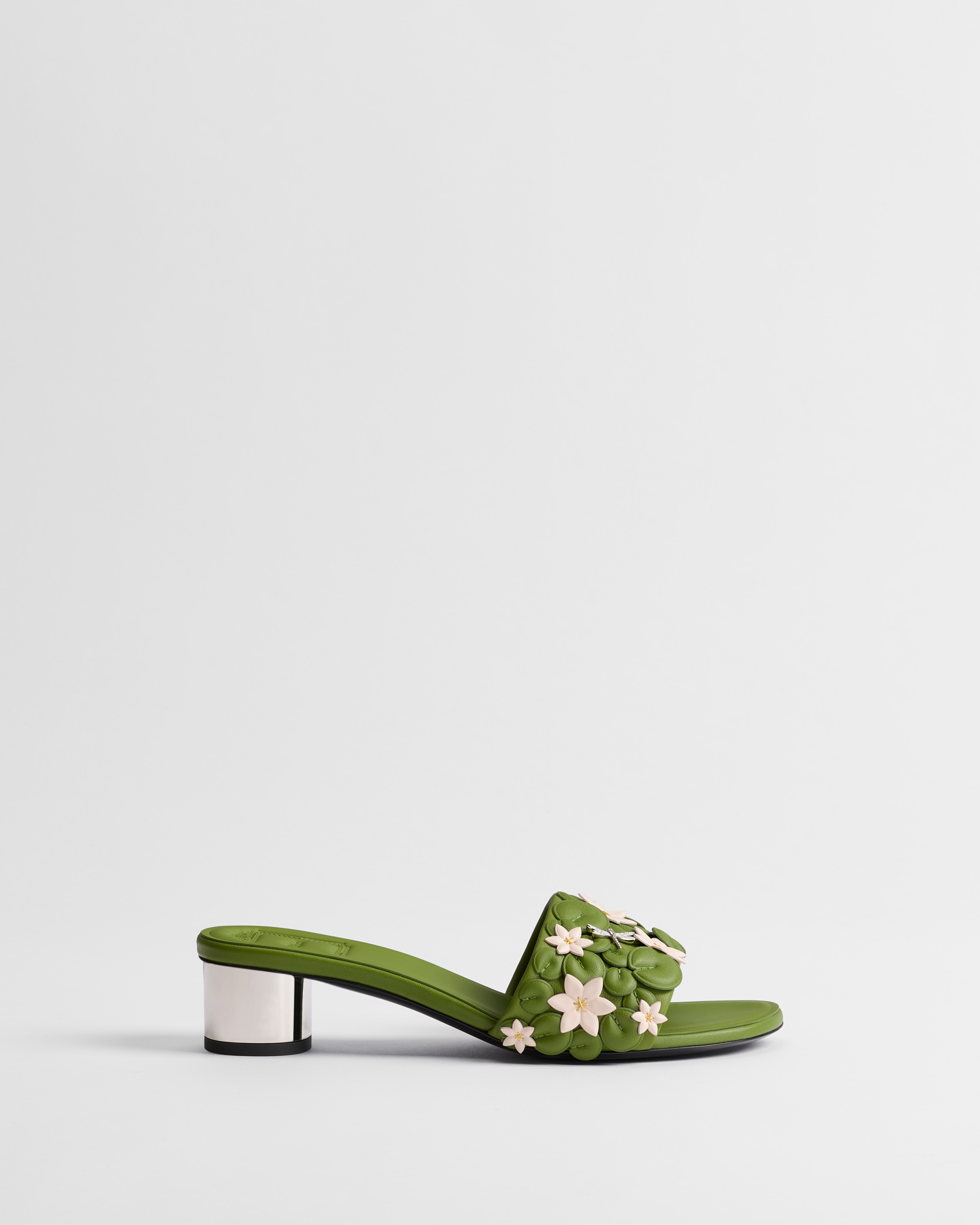 Dior Bloom Heeled Slide Green and Pink Dior Water Lily Embroidered Lambskin E02