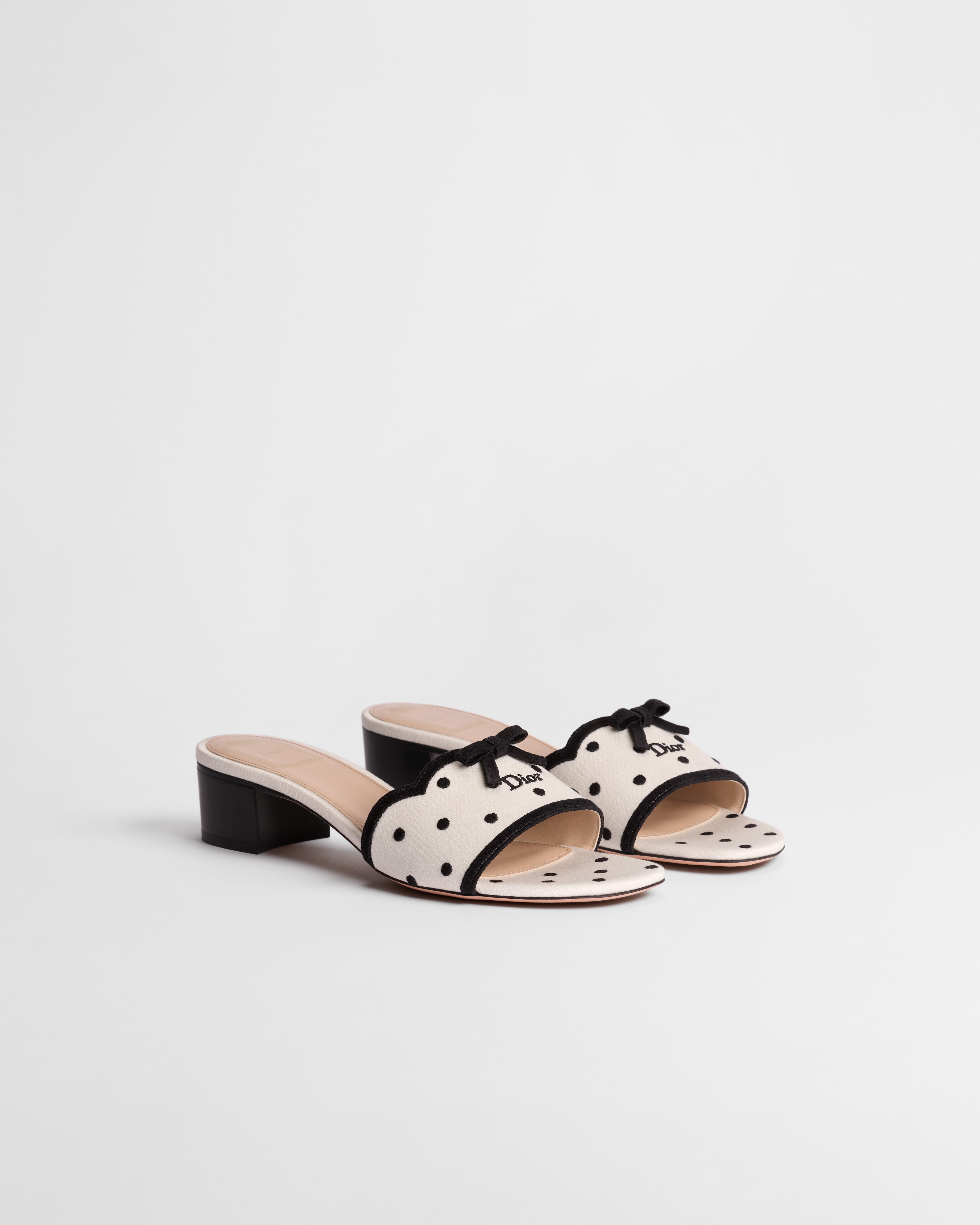 Dway Heeled Slide White Cotton Embroidered with Black PolkaDior Motif E03