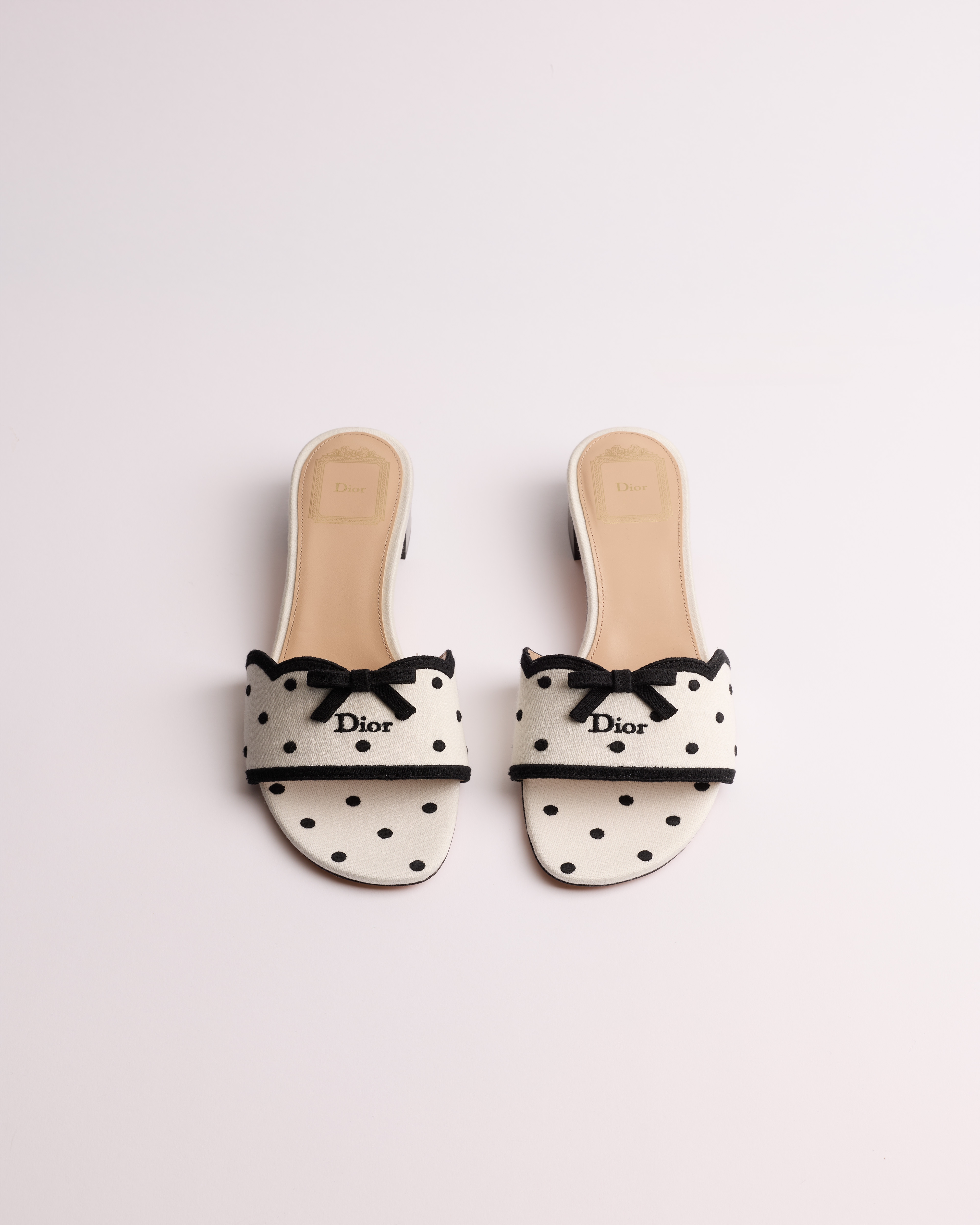 Dway Heeled Slide White Cotton Embroidered with Black PolkaDior Motif E06