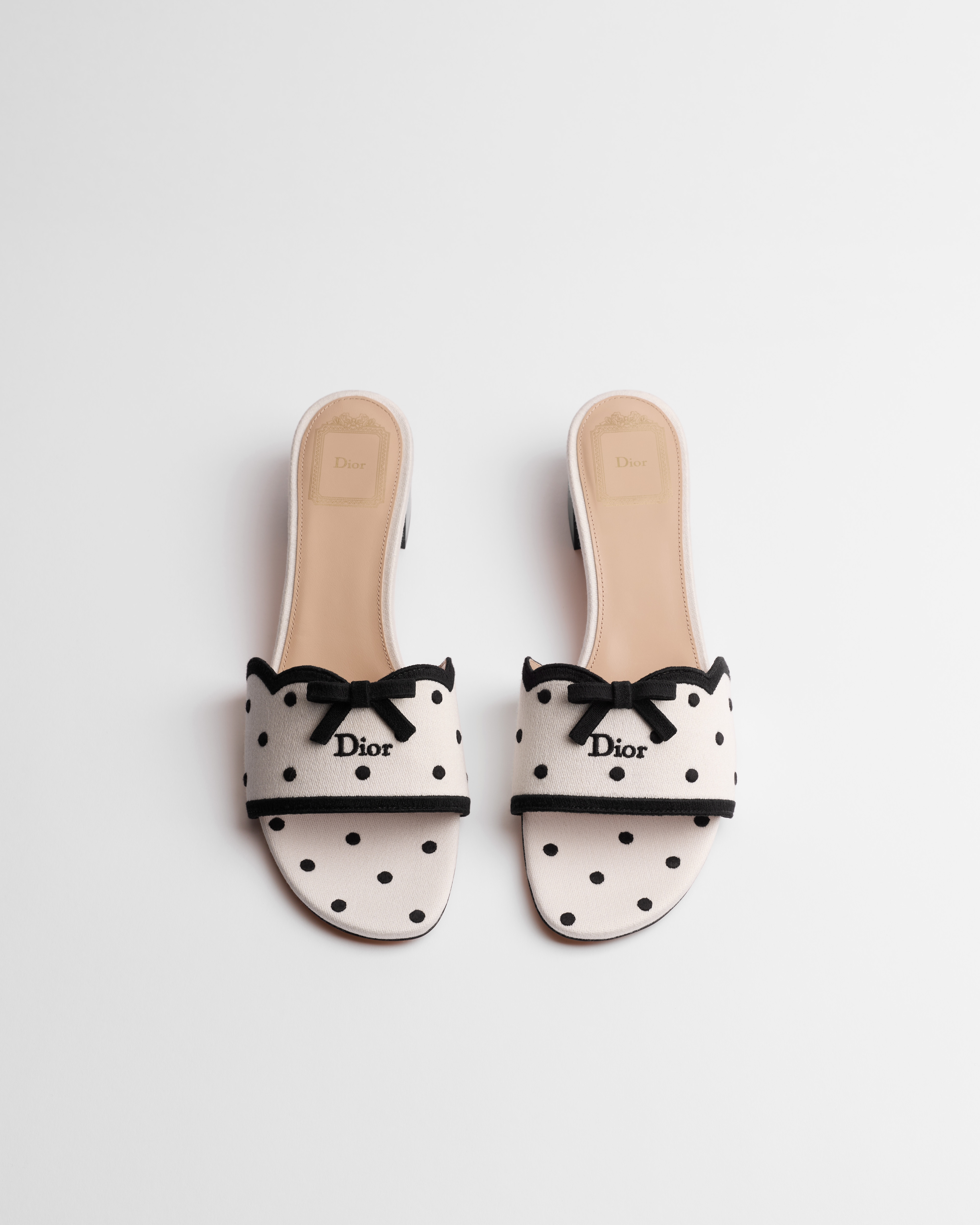 Dway Heeled Slide White Cotton Embroidered with Black PolkaDior Motif E06