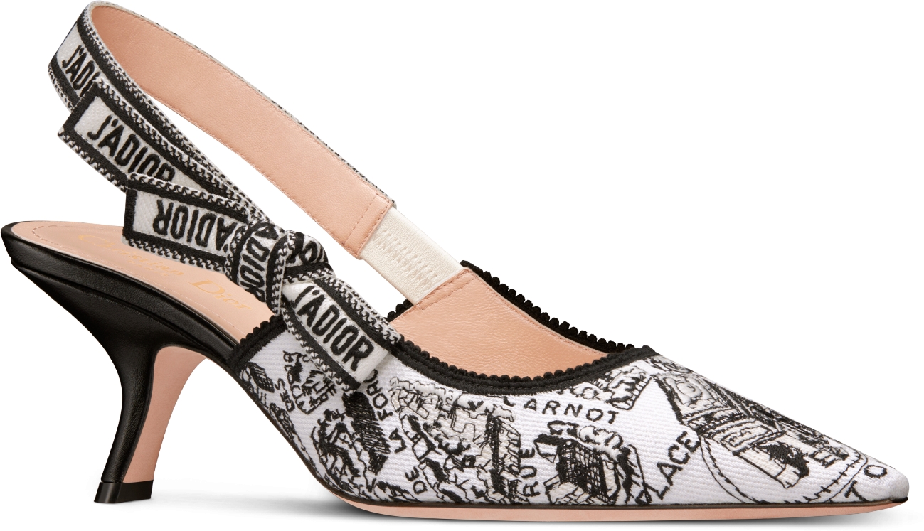 Escarpin slingback J Adior Coton brode du motif Plan de Paris blanc et noir DIOR