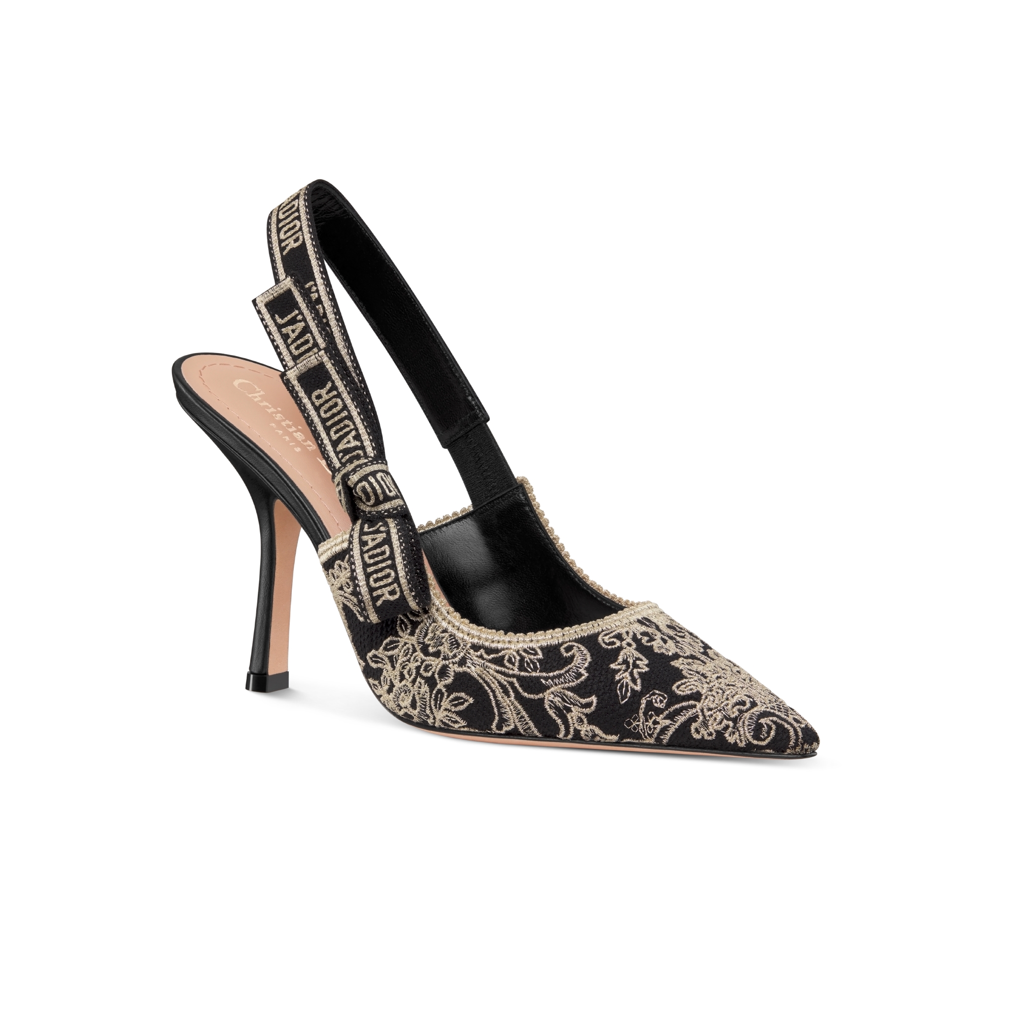 J'Adior Slingback Pump Black Cotton Embroidered with Floral Motif in Gold-Tone Metallic Thread E03