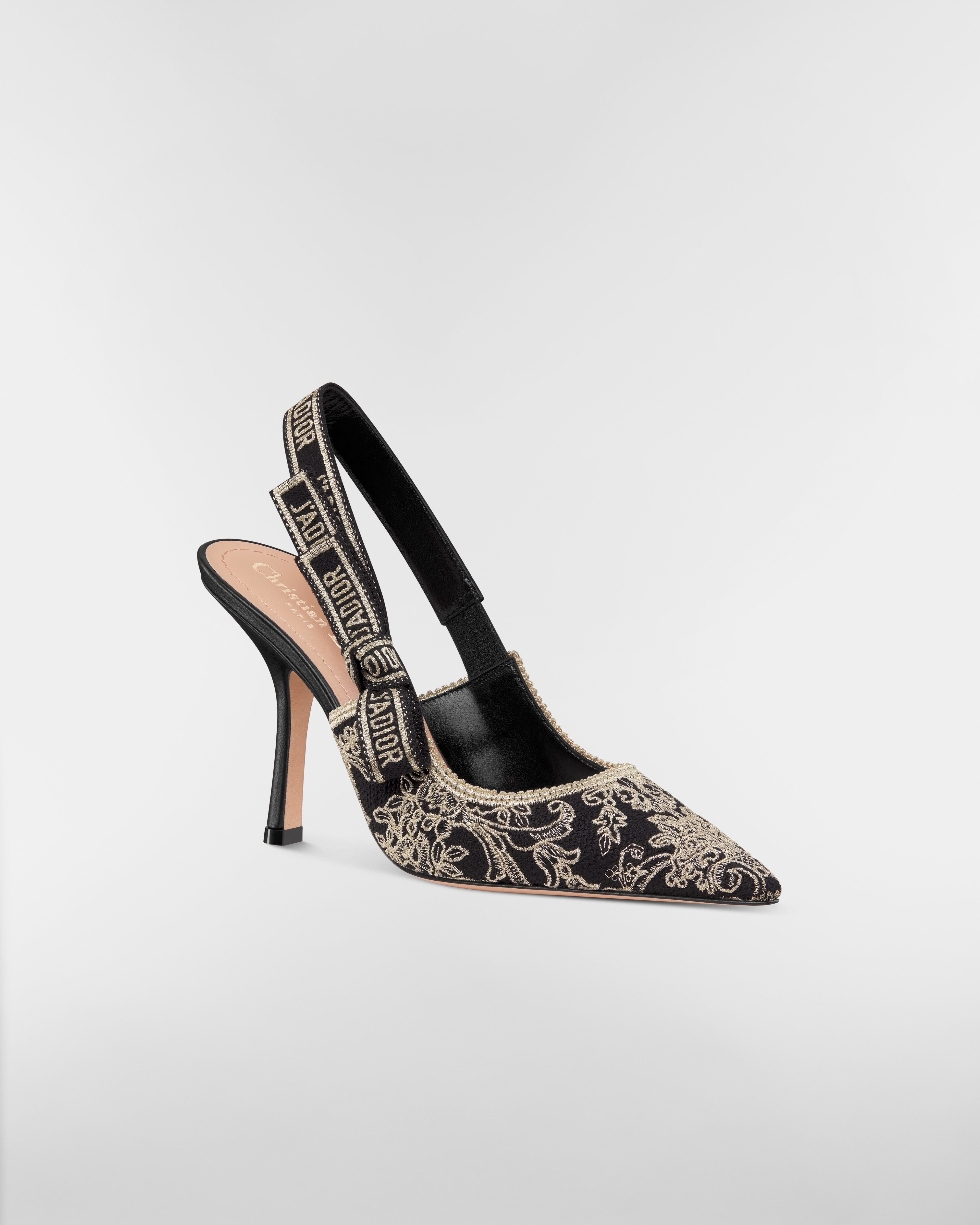 Escarpin slingback J'Adior Coton noir brodé d'un motif floral en fils métallisés dorés E03
