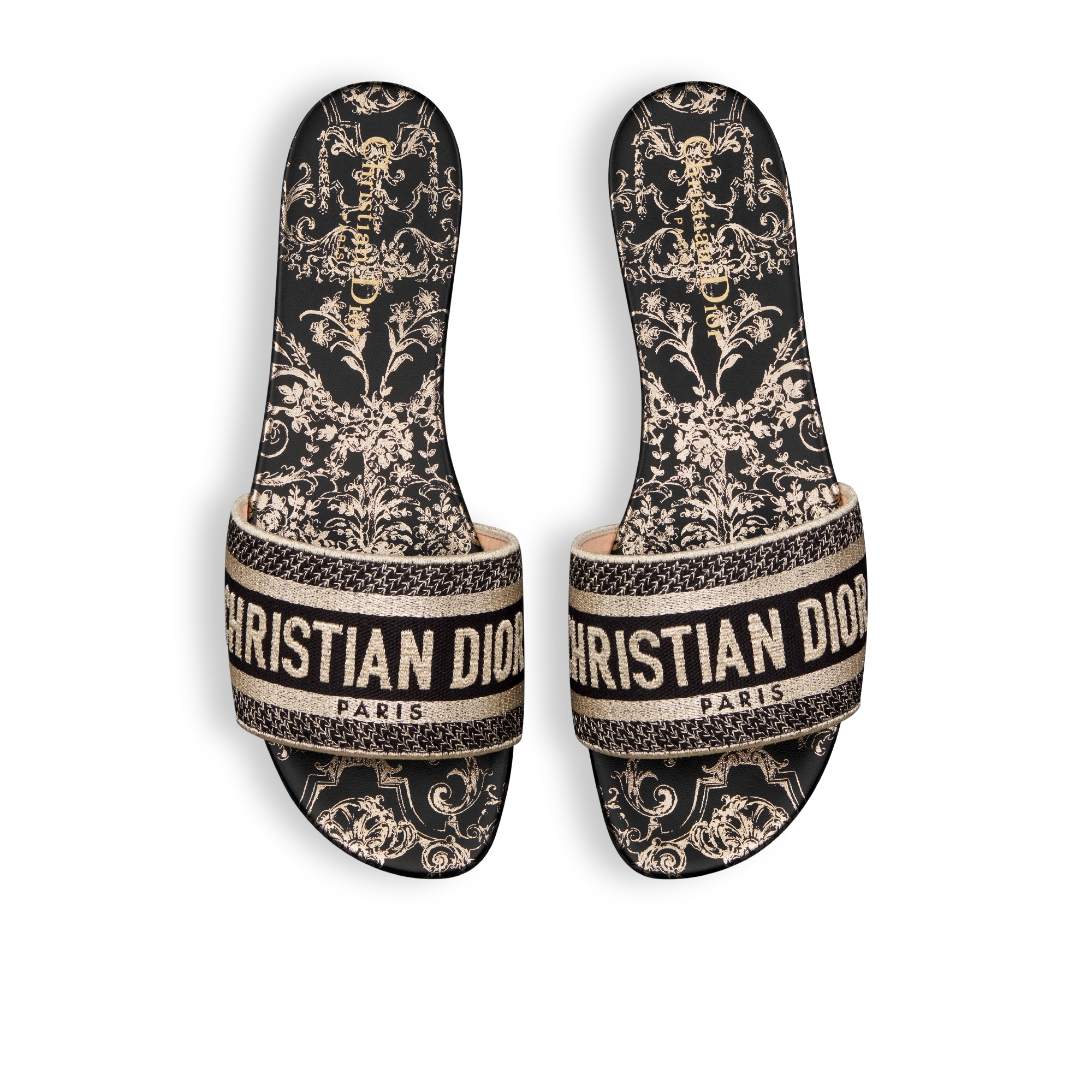 Slide Dway Algodão bordado com fio metálico e motivo floral preto e dourado E06