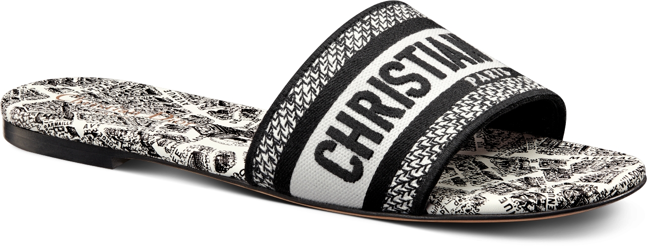 Dway Slide White and Black Embroidered Cotton with Plan de Paris Motif DIOR
