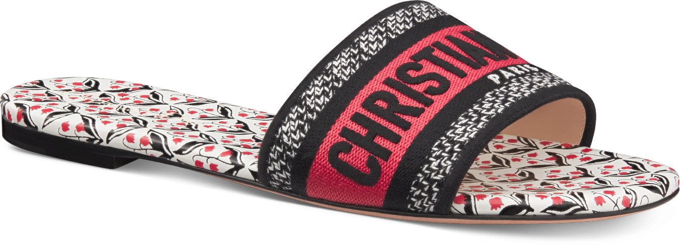 Dioramour Dway Slide Black and Red Embroidered Cotton with White Black and Red Dior Lily of the Valley Motif DIOR