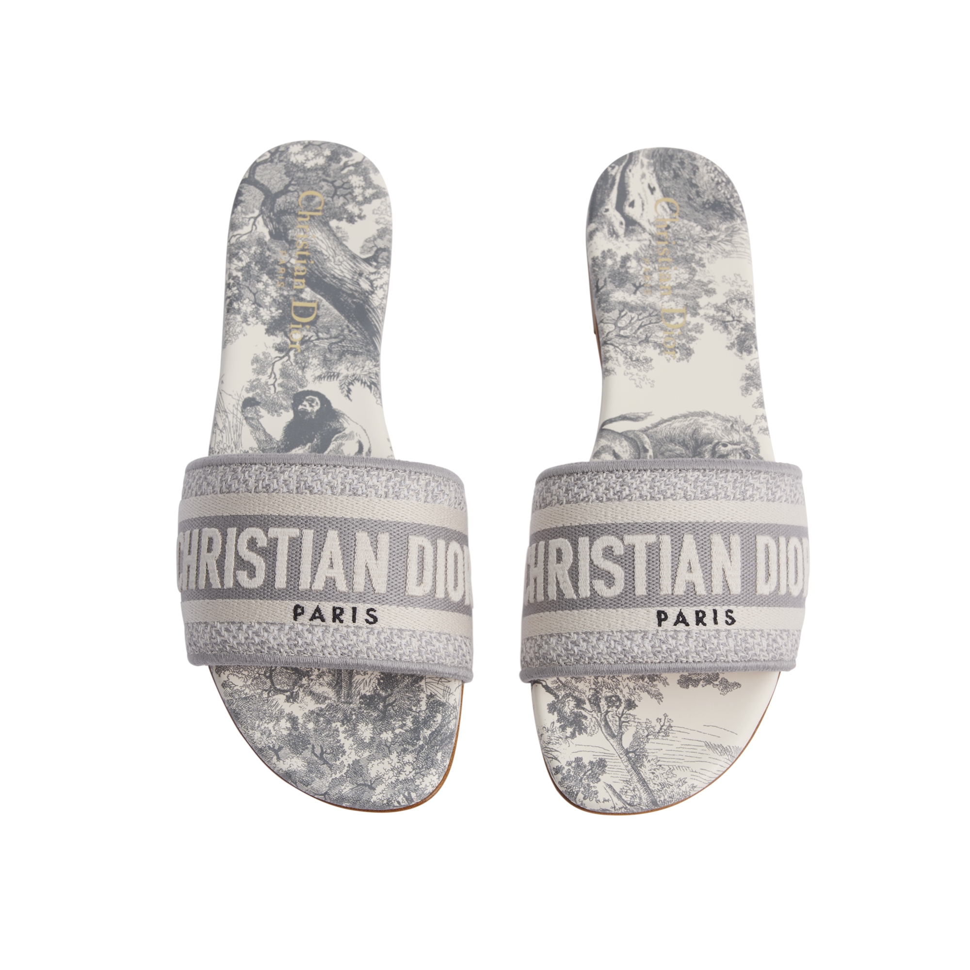 Dway Slide Gray Embroidered Cotton and Toile de Jouy Motif E06