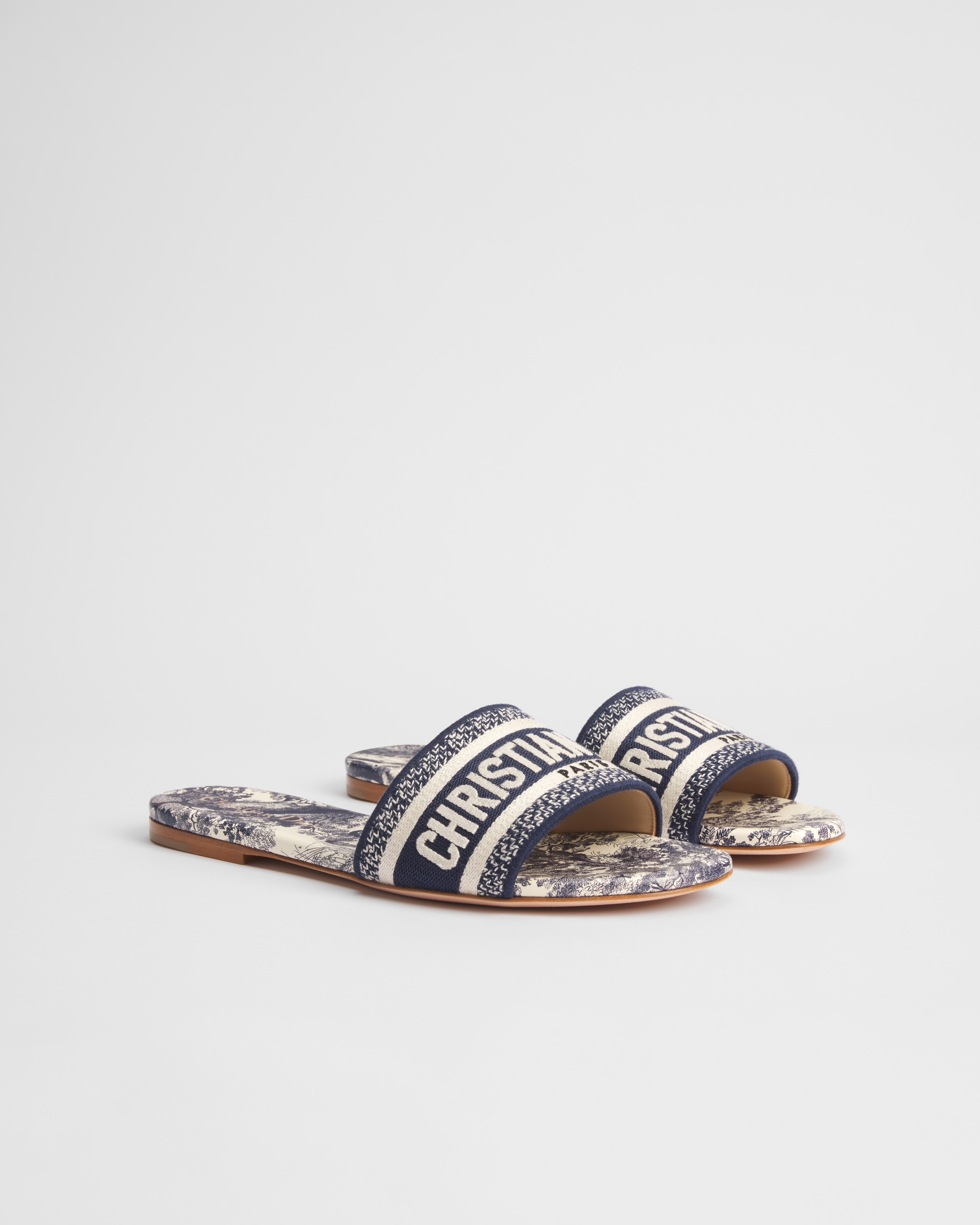 Dway-muiltje Levendig blauw geborduurd katoen en Toile de Jouy-motief E03