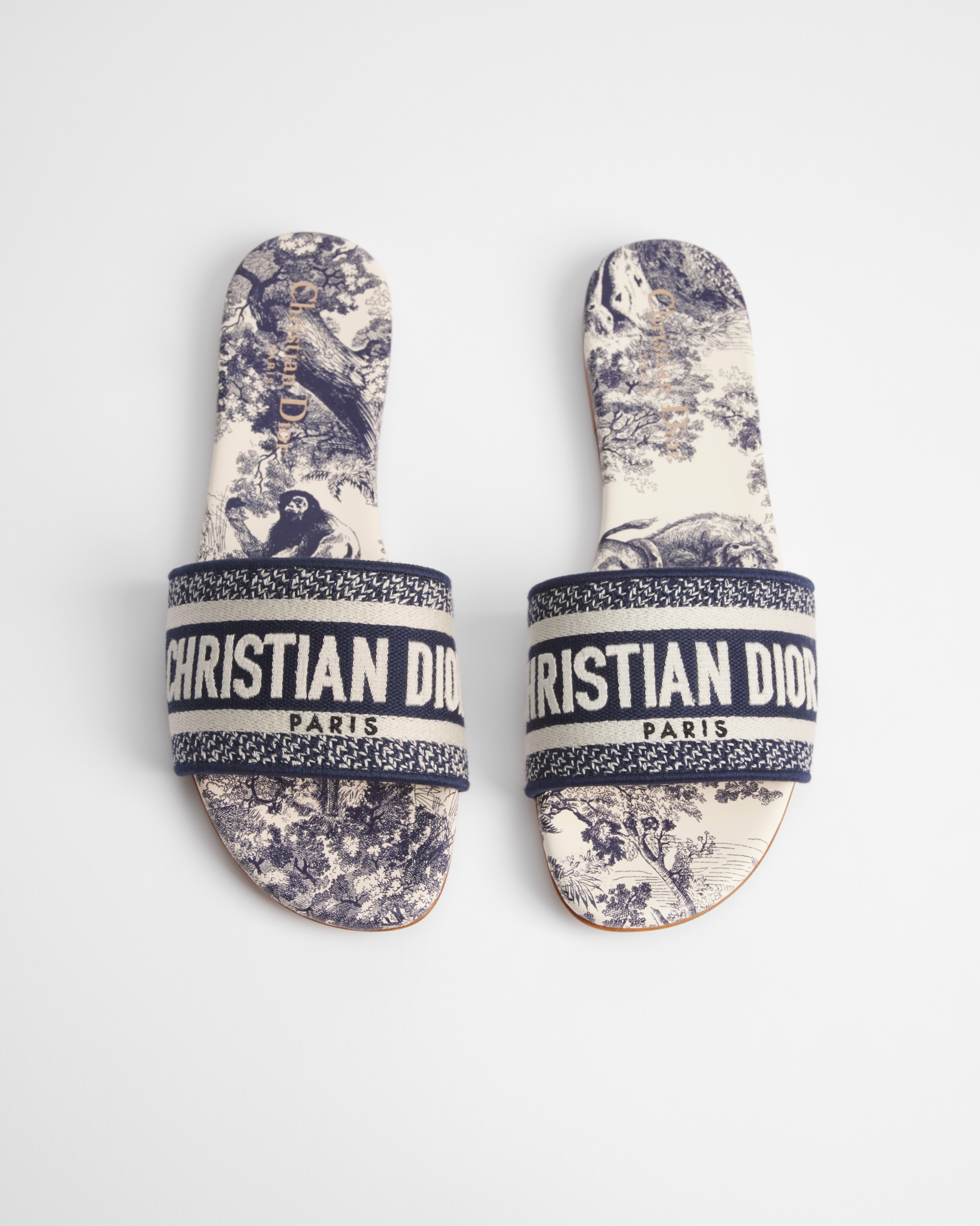 Dway-muiltje Levendig blauw geborduurd katoen en Toile de Jouy-motief E06