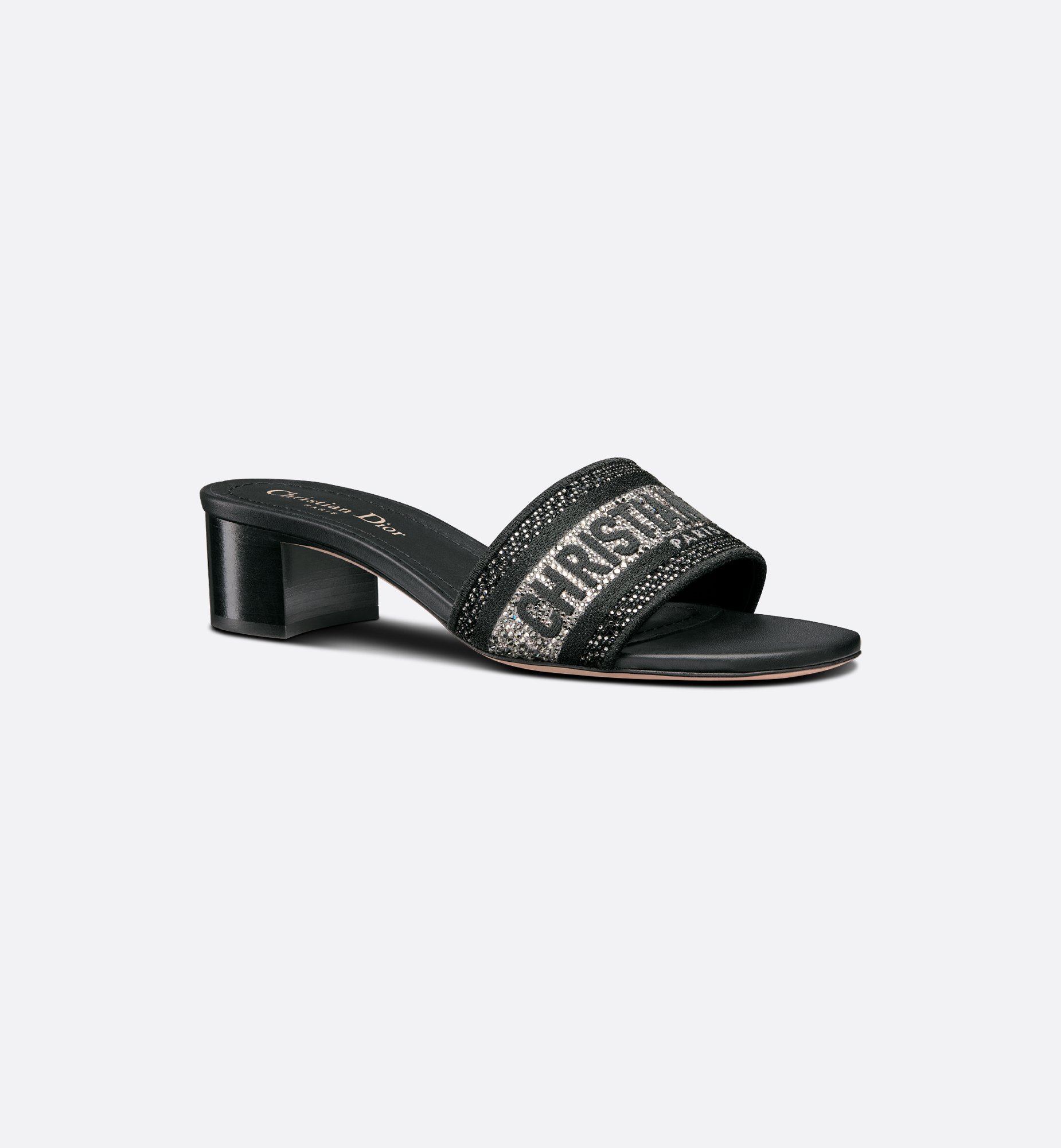 Dway Heeled Slide Black Cotton Embroidered with Metallic Dway Heeled Slide Black Cotton Embroidered with Metallic