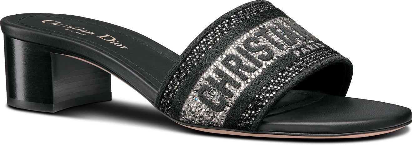 Dway Heeled Slide Black Cotton Embroidered with Metallic Thread and Silver Tone Strass DIOR