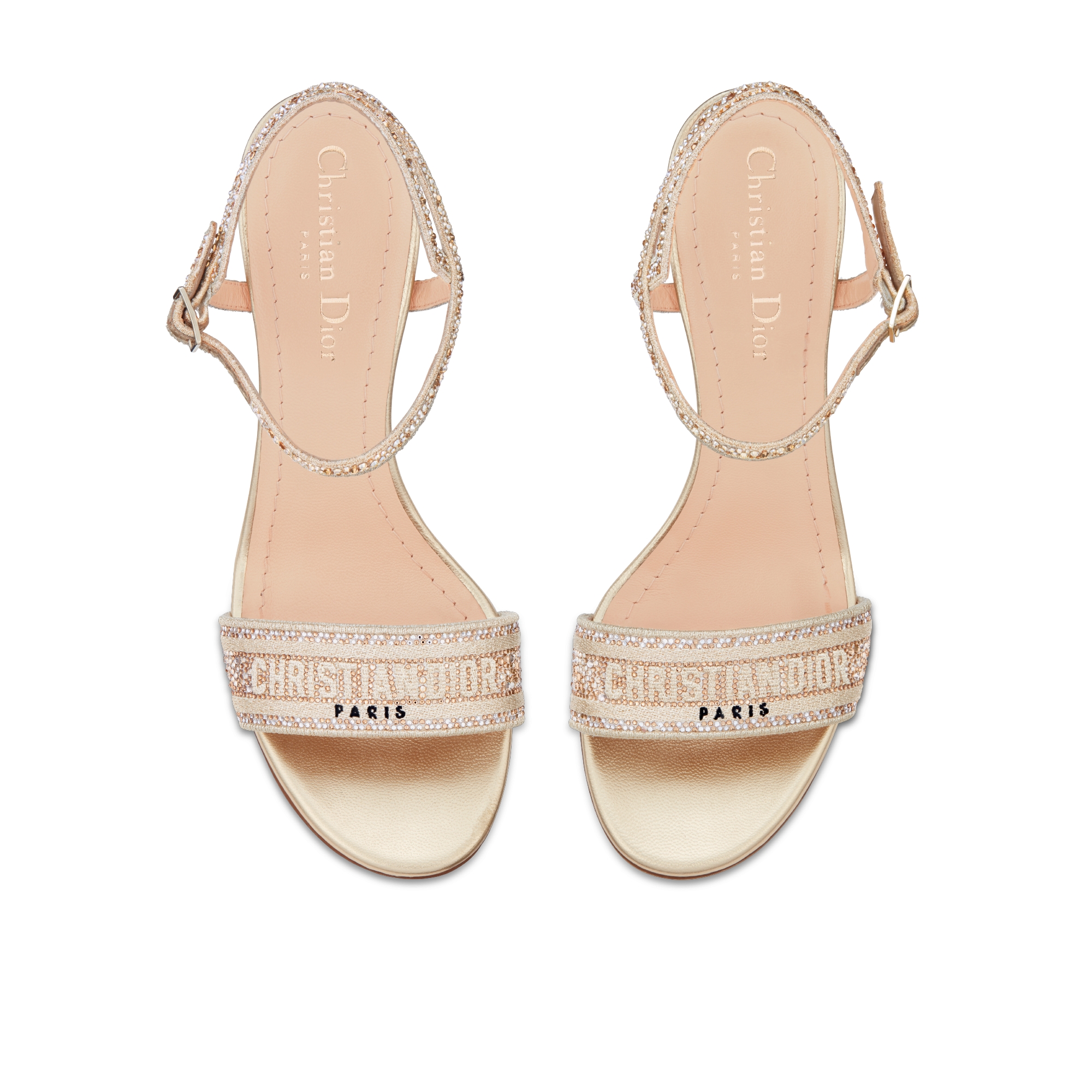 Dway Heeled Sandal Cotton Embroidered with Metallic Thread and Gold-Tone Strass E06