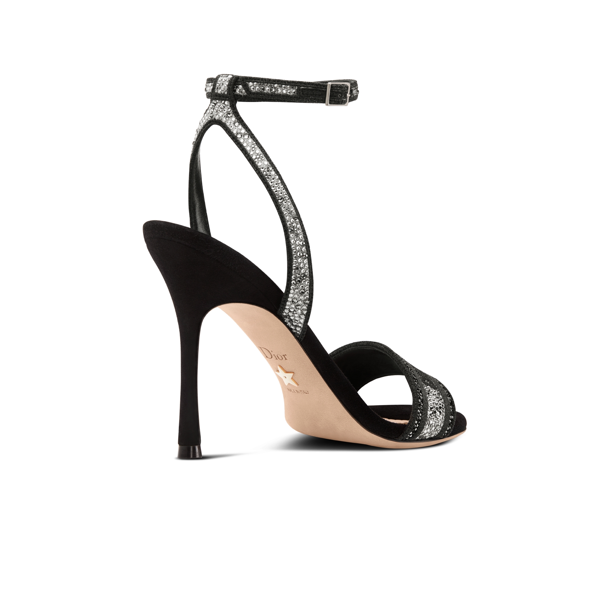 Dway Heeled Sandal Black Cotton Embroidered with Thread and Silver-Tone Strass E05