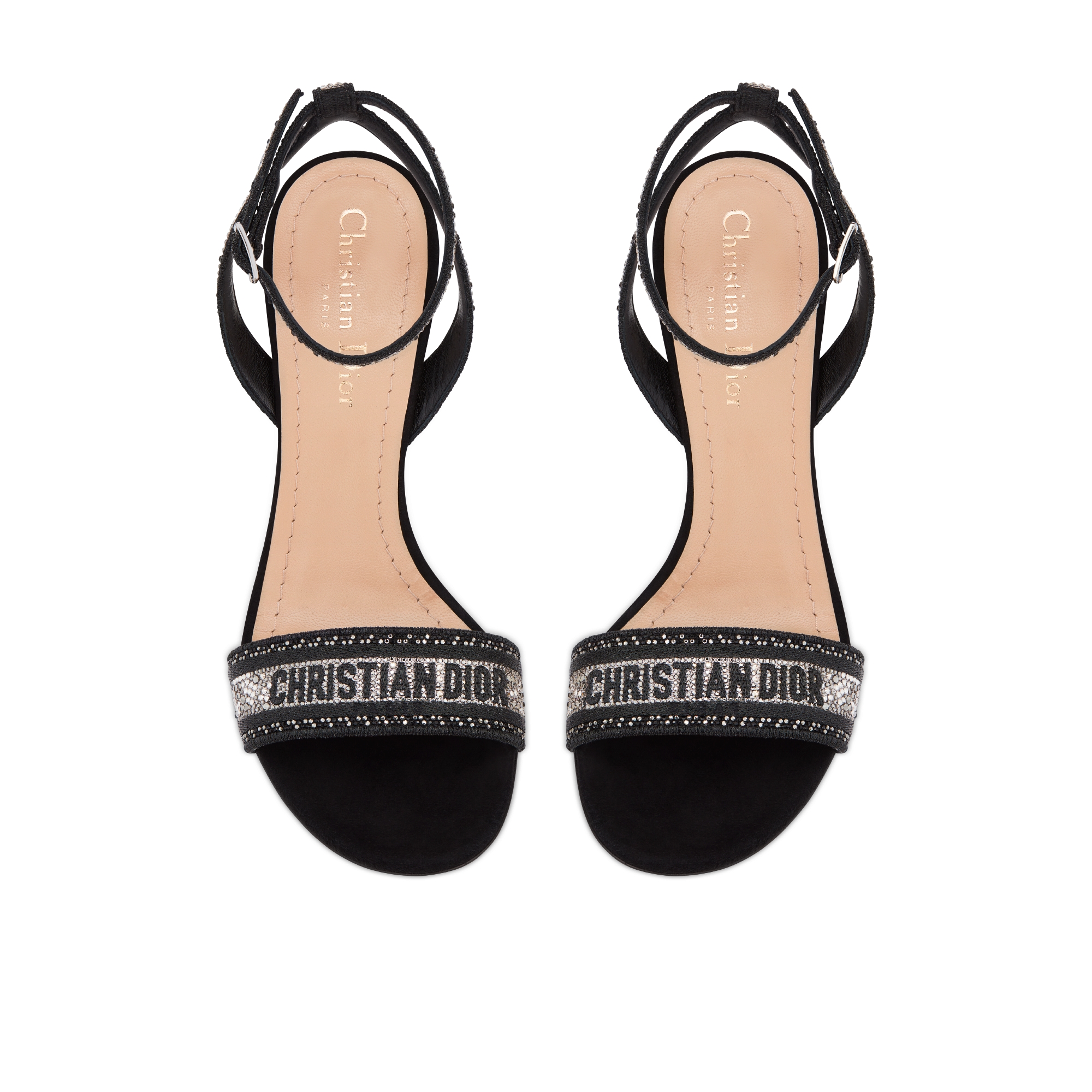Dway Heeled Sandal Black Cotton Embroidered with Thread and Silver-Tone Strass E06