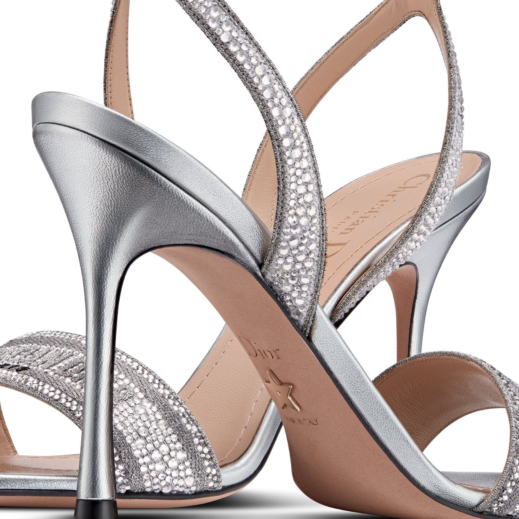 DIOR Dway Heeled Sandal Cotton Metallic Thread Embroidery And Silver Tone Strass Size 40 Women