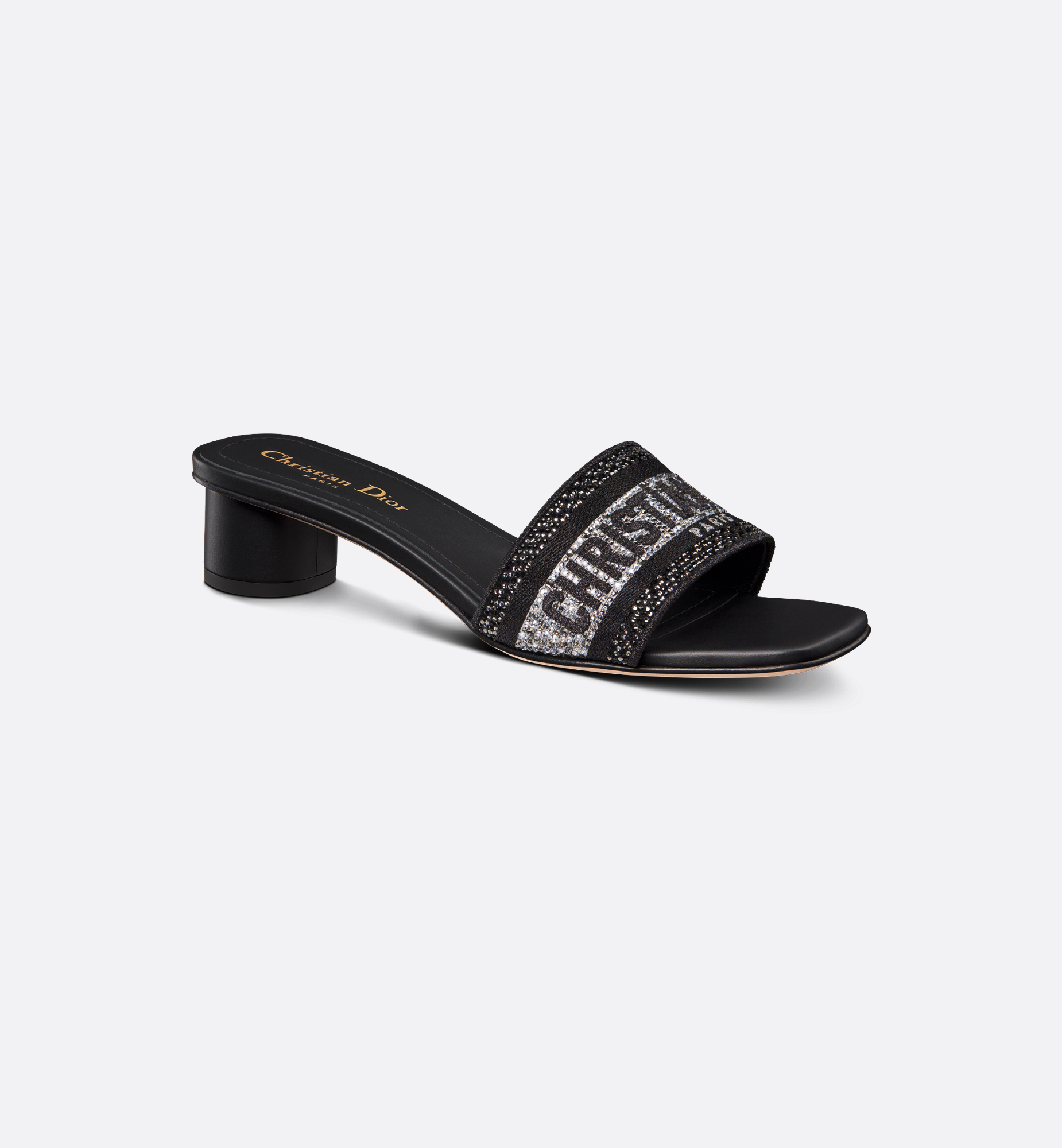 Dway Heeled Slide Black Cotton Embroidered with Metallic Dway Heeled Slide Black Cotton Embroidered with Metallic