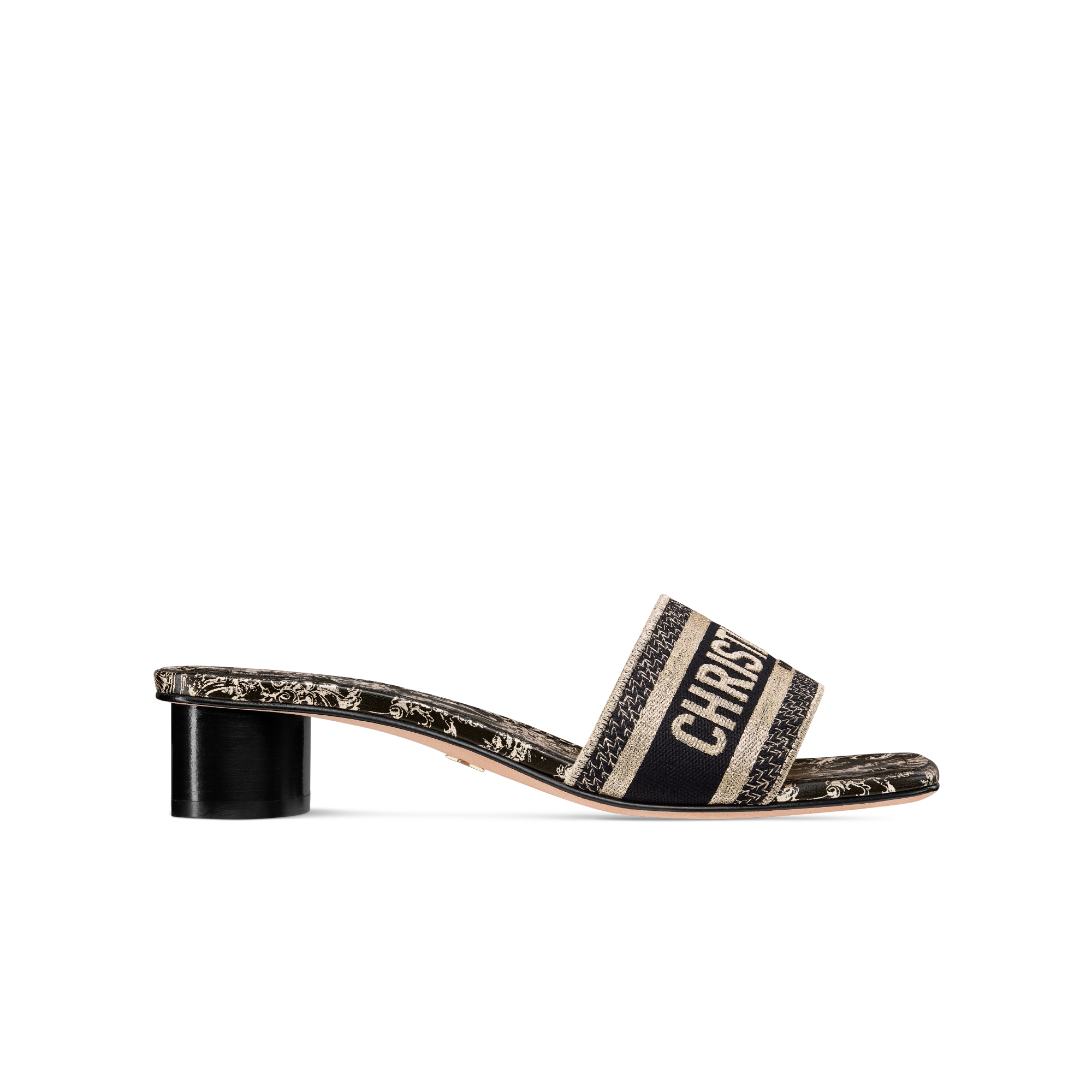 Dway Heeled Slide Cotton Embroidered with Metallic Thread and Black and Gold-Tone Floral Motif E02